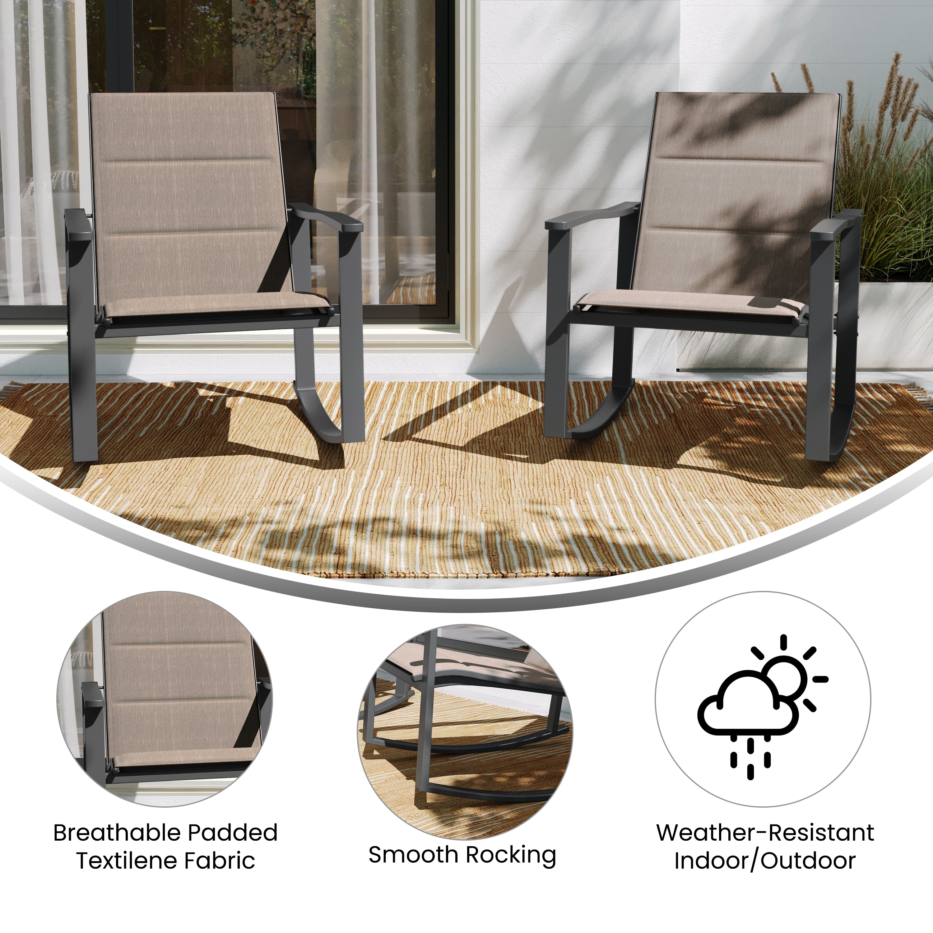 Brazos Set of 2 Brown Outdoor Rocking Chairs with Flex Comfort Material and Black Steel Frames