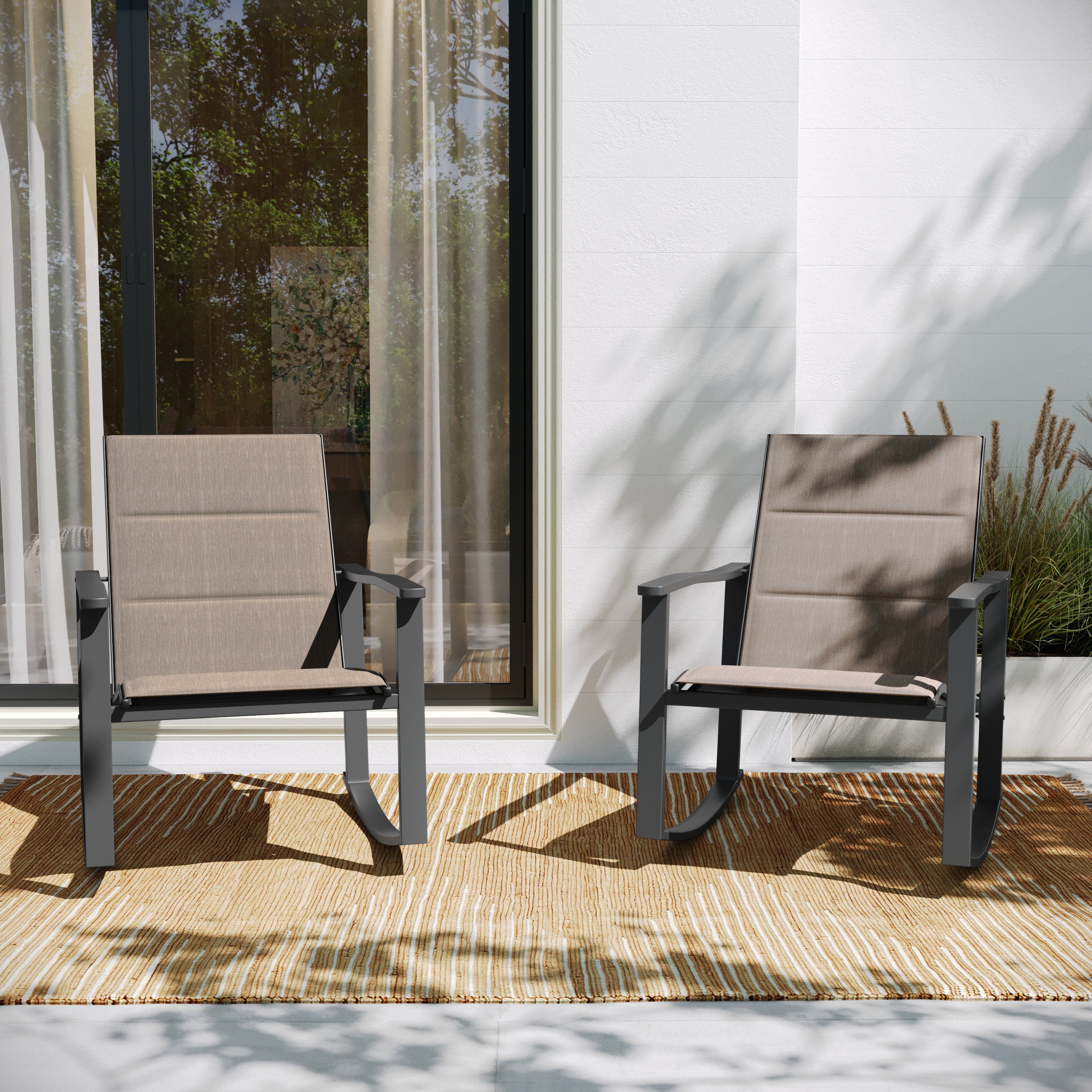 Brazos Set of 2 Brown Outdoor Rocking Chairs with Flex Comfort Material and Black Steel Frames