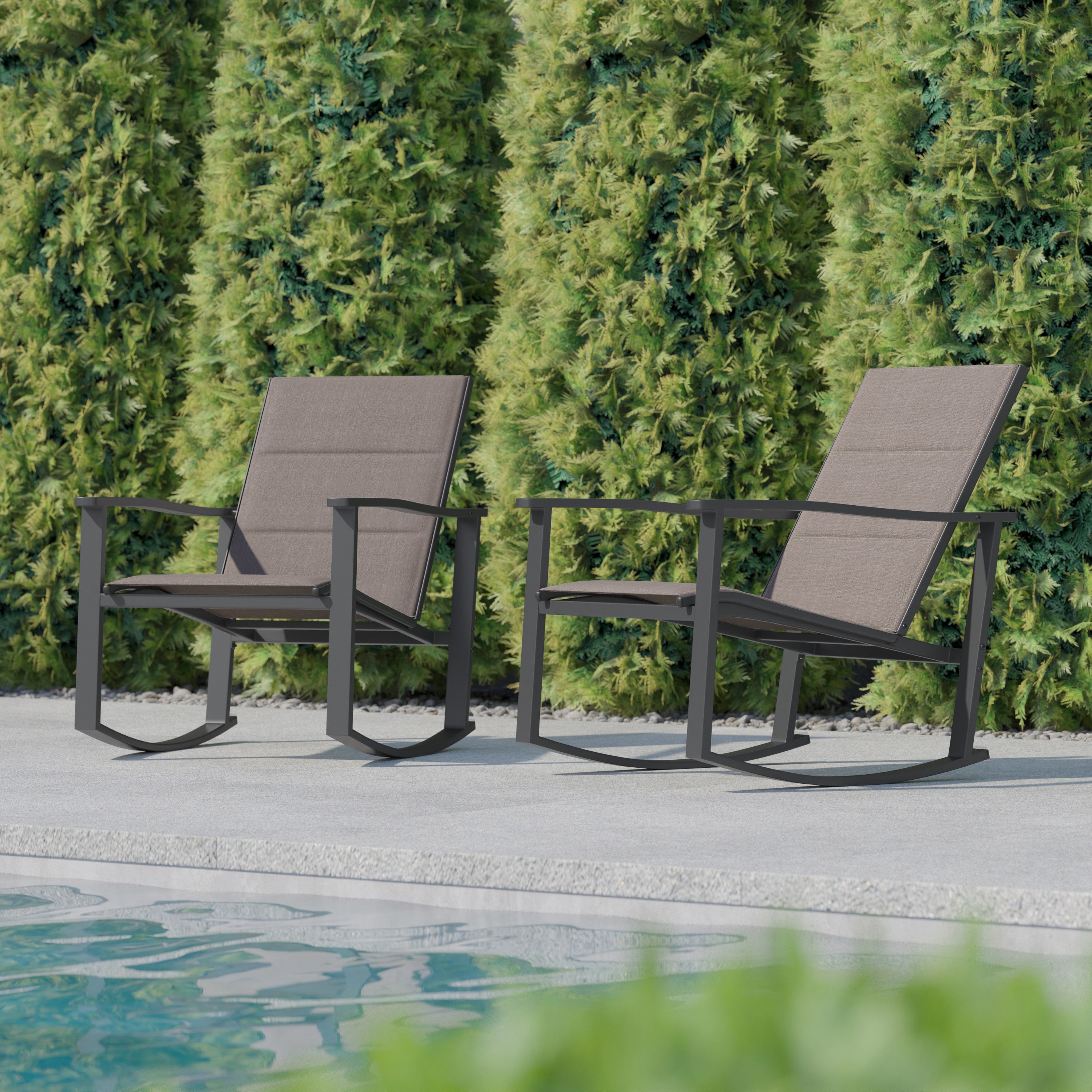 Brazos Set of 2 Brown Outdoor Rocking Chairs with Flex Comfort Material and Black Steel Frames