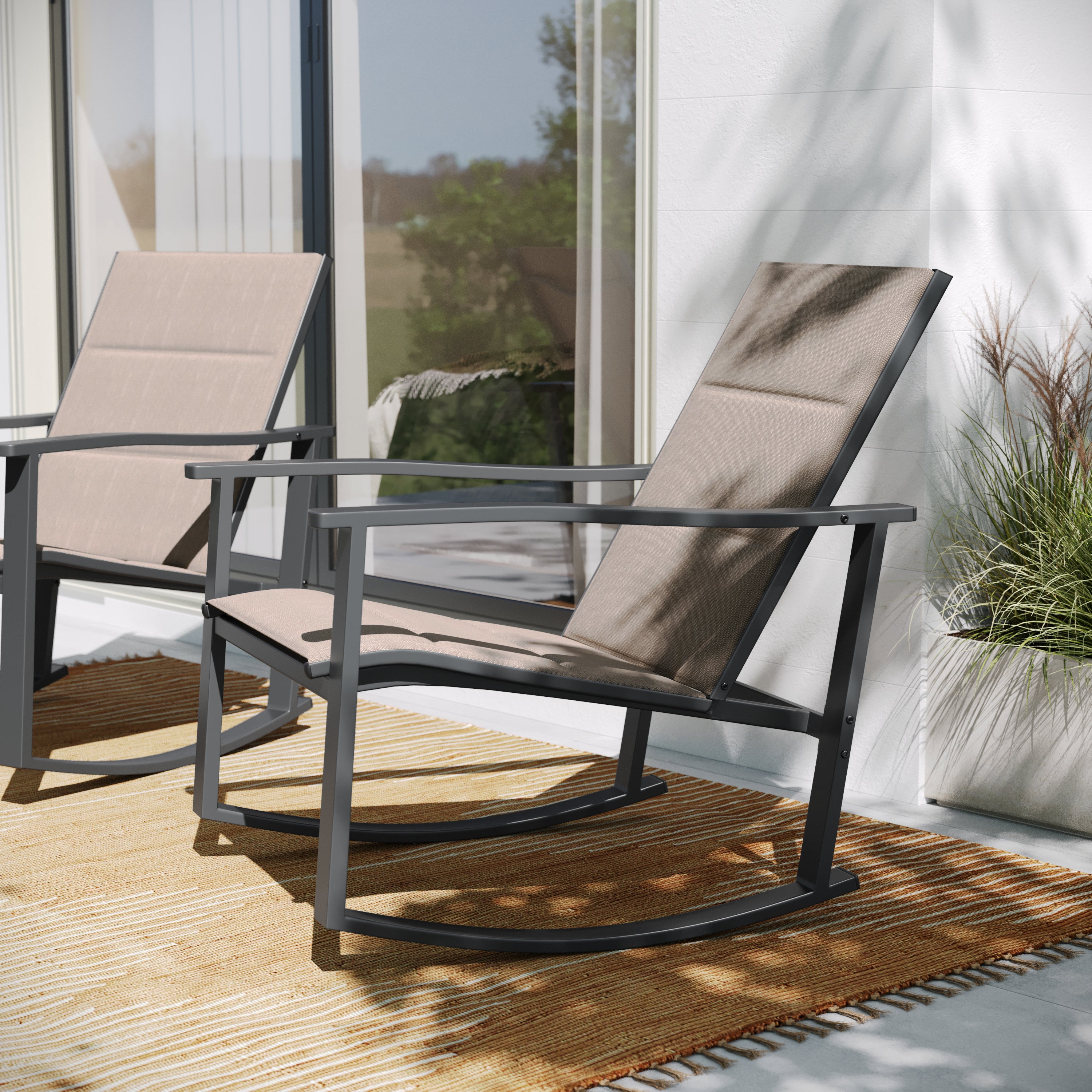 Brazos Set of 2 Brown Outdoor Rocking Chairs with Flex Comfort Material and Black Steel Frames