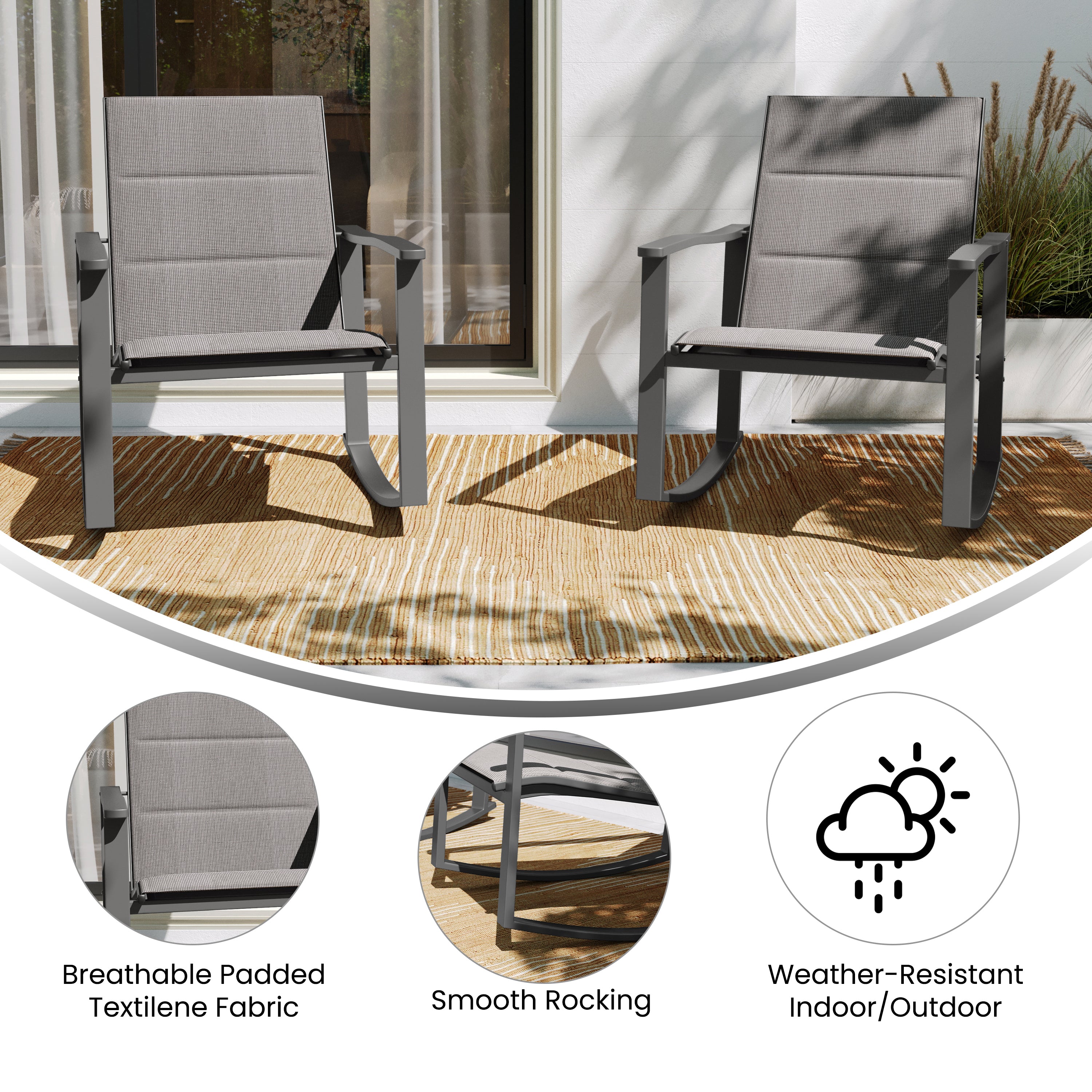 Brazos Set of 2 Gray Outdoor Rocking Chairs with Flex Comfort Material and Black Steel Frames