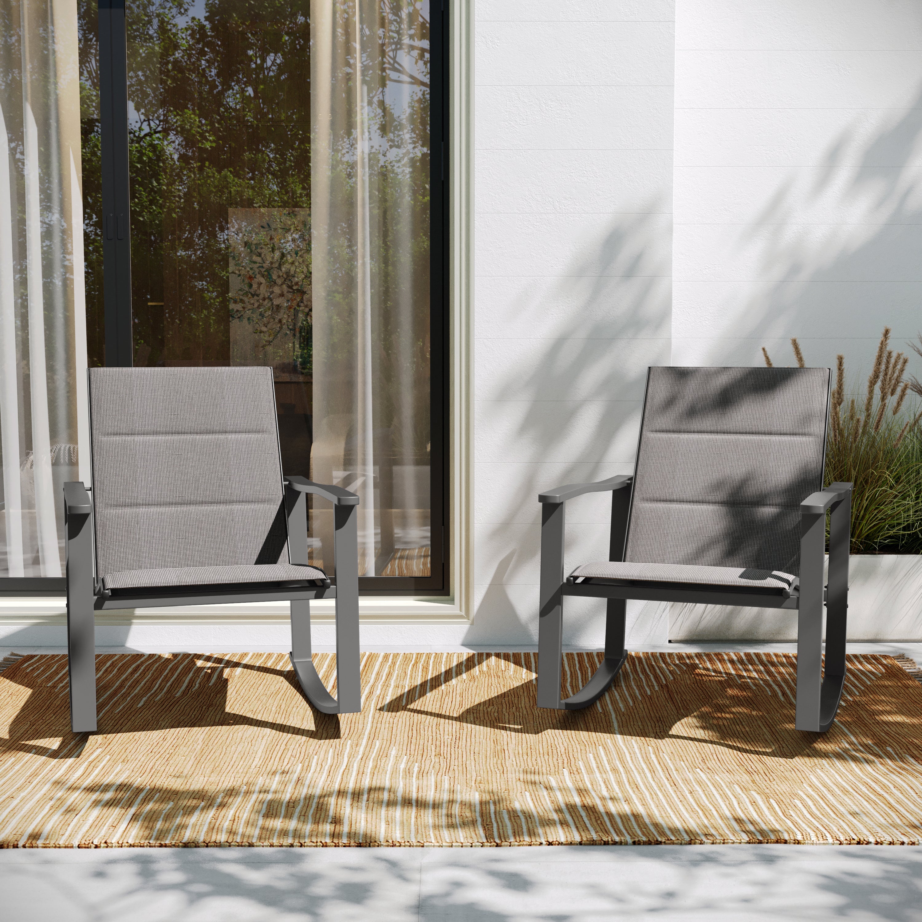 Brazos Set of 2 Gray Outdoor Rocking Chairs with Flex Comfort Material and Black Steel Frames