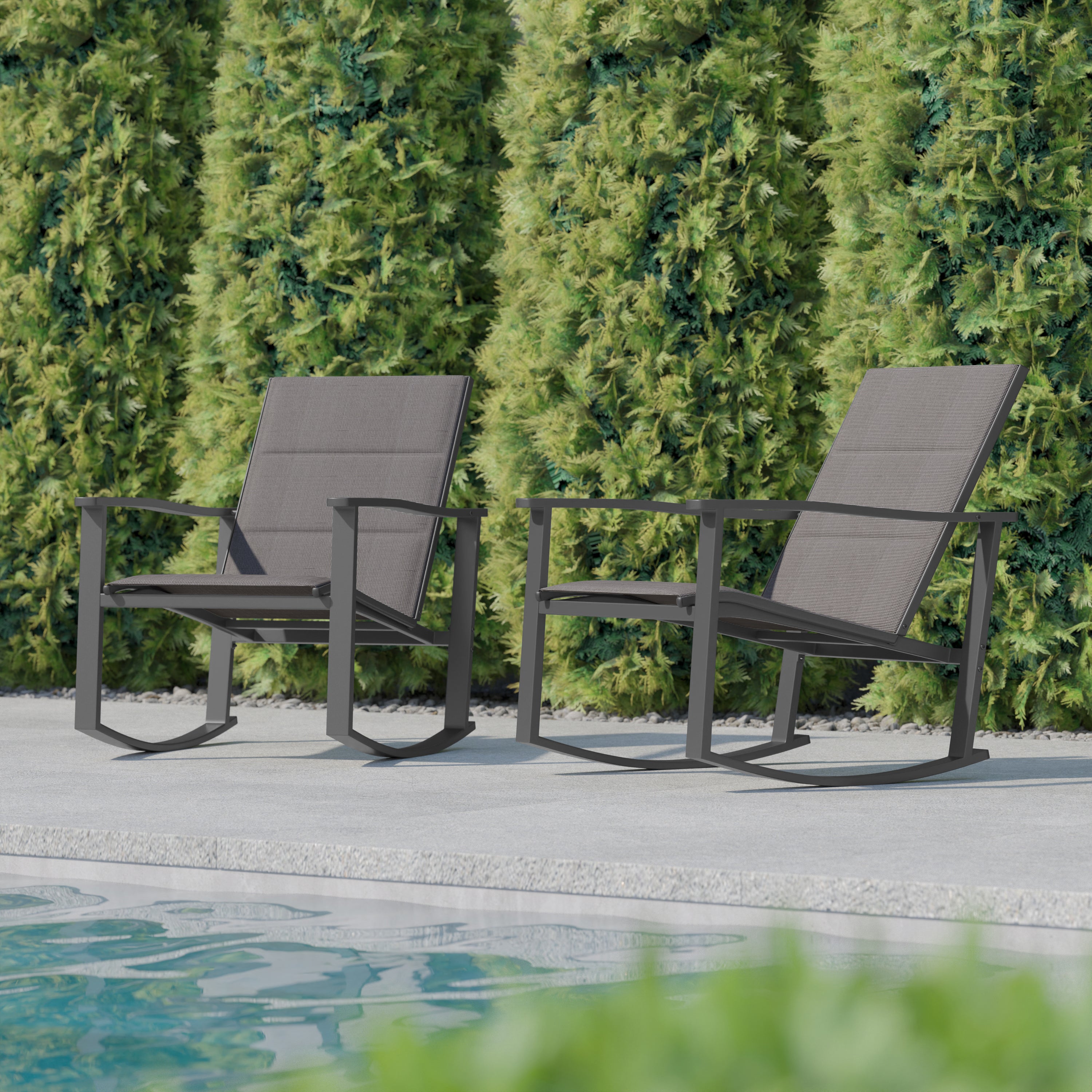 Brazos Set of 2 Gray Outdoor Rocking Chairs with Flex Comfort Material and Black Steel Frames