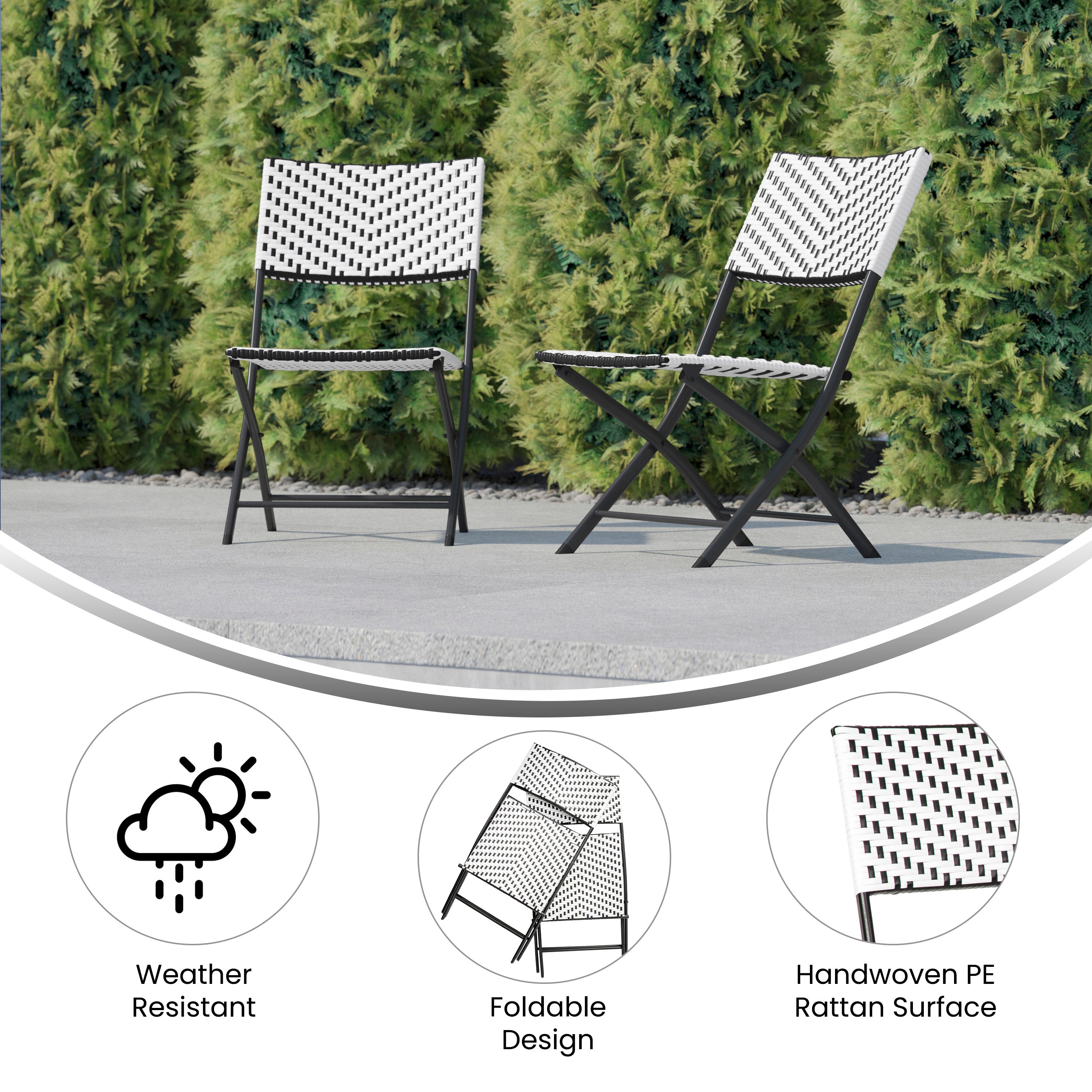 Rouen Set of 2 Commercial Grade Foldable Bistro Chairs, Indoor/Outdoor PE Rattan Back and Seat, Black/White with Black Steel Frames