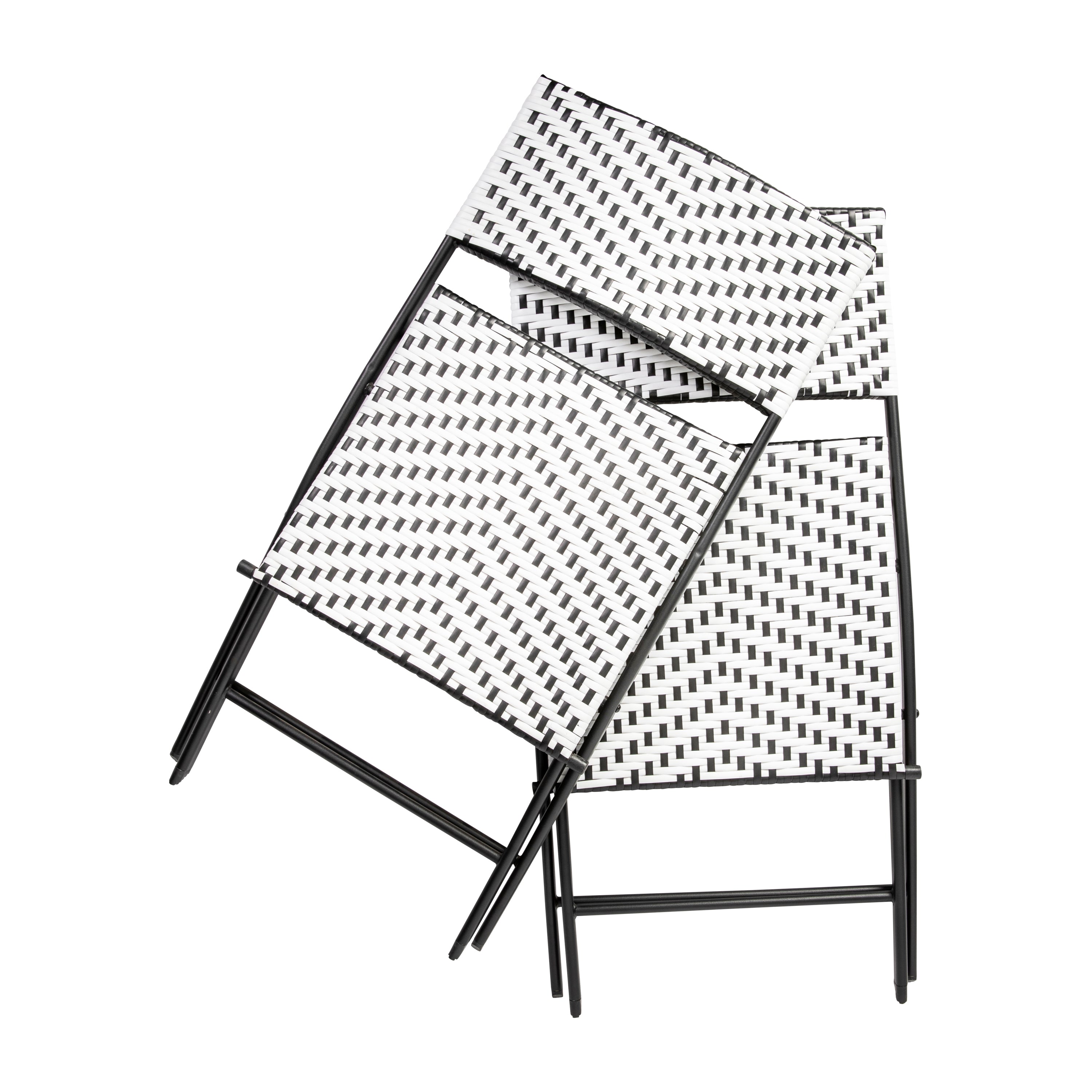 Rouen Set of 2 Commercial Grade Foldable Bistro Chairs, Indoor/Outdoor PE Rattan Back and Seat, Black/White with Black Steel Frames