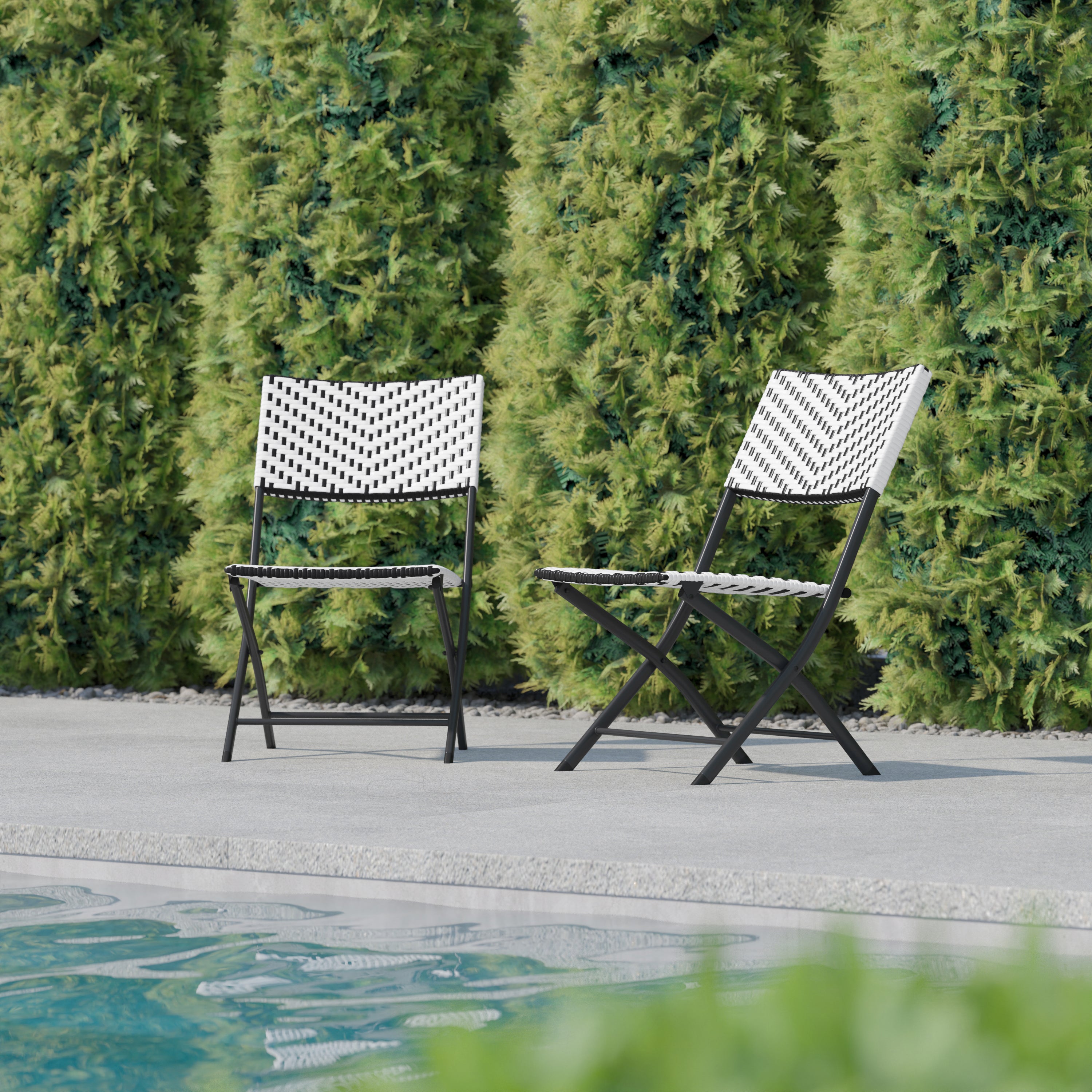Rouen Set of 2 Commercial Grade Foldable Bistro Chairs, Indoor/Outdoor PE Rattan Back and Seat, Black/White with Black Steel Frames
