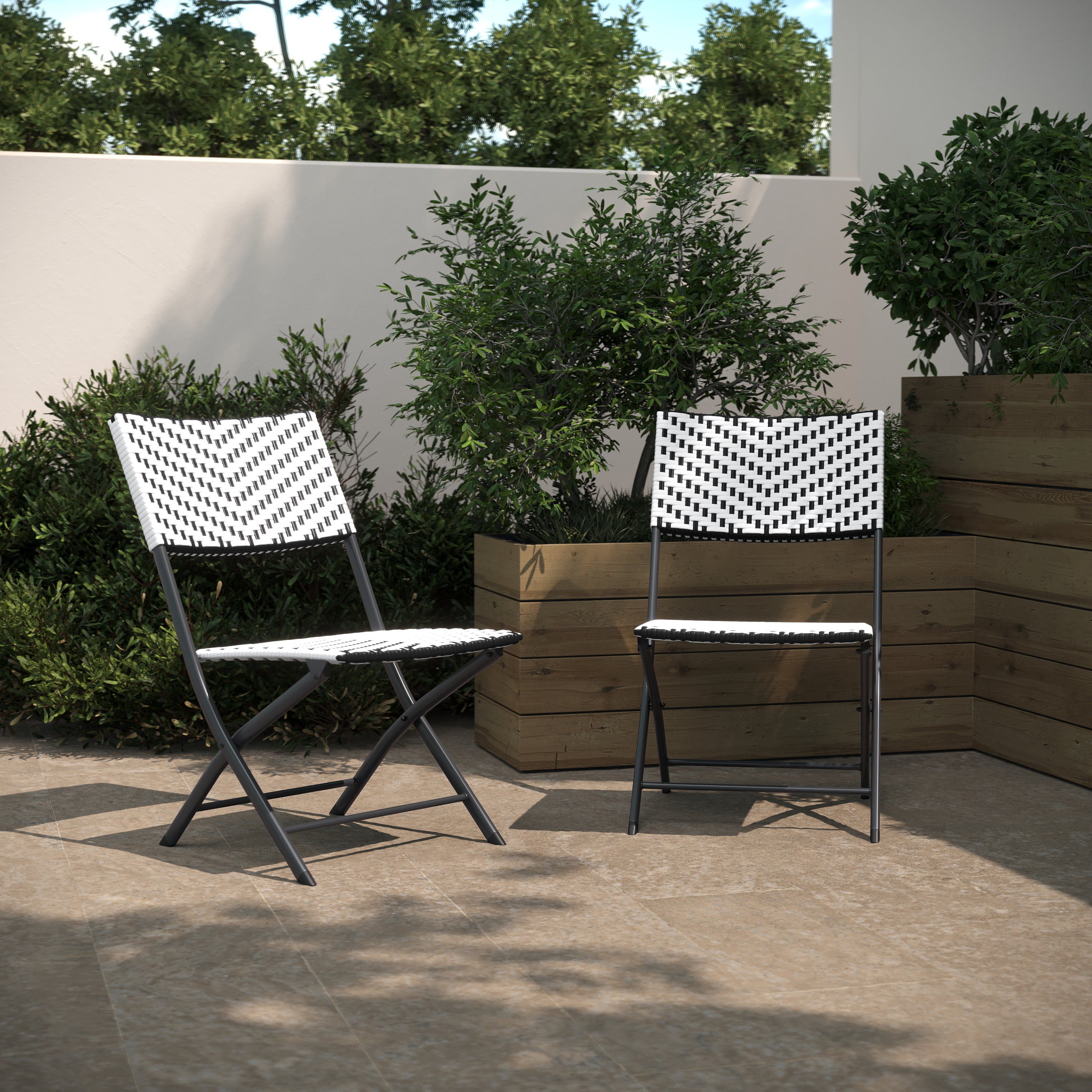 Rouen Set of 2 Commercial Grade Foldable Bistro Chairs, Indoor/Outdoor PE Rattan Back and Seat, Black/White with Black Steel Frames