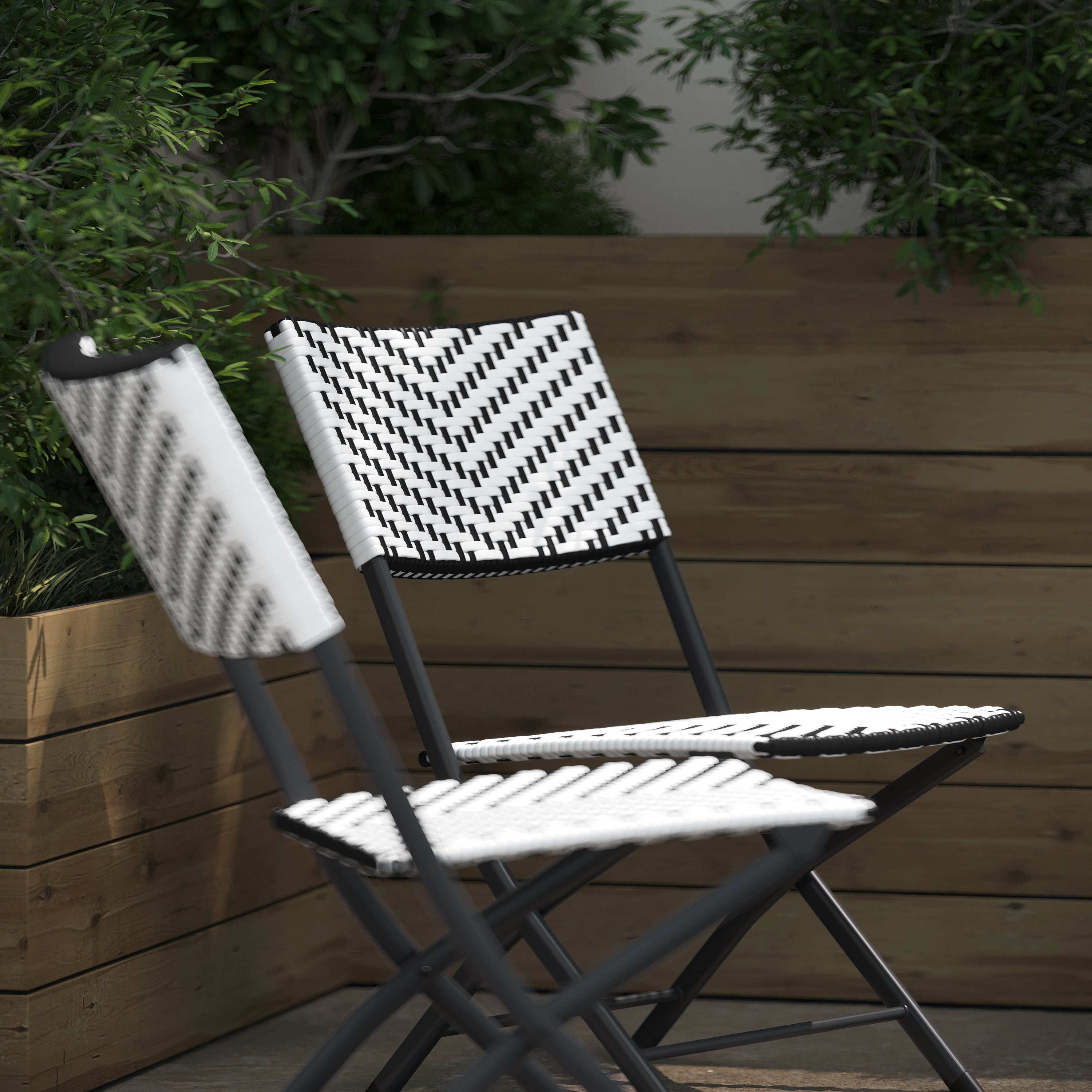 Rouen Set of 2 Commercial Grade Foldable Bistro Chairs, Indoor/Outdoor PE Rattan Back and Seat, Black/White with Black Steel Frames