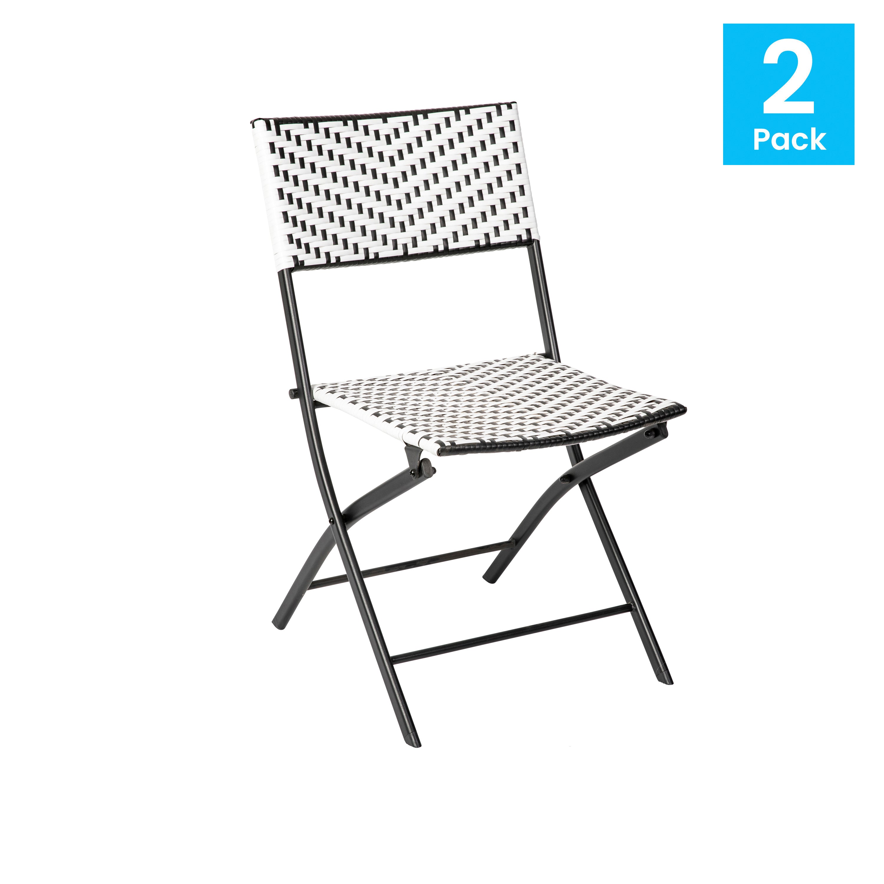 Rouen Set of 2 Commercial Grade Foldable Bistro Chairs, Indoor/Outdoor PE Rattan Back and Seat, Black/White with Black Steel Frames