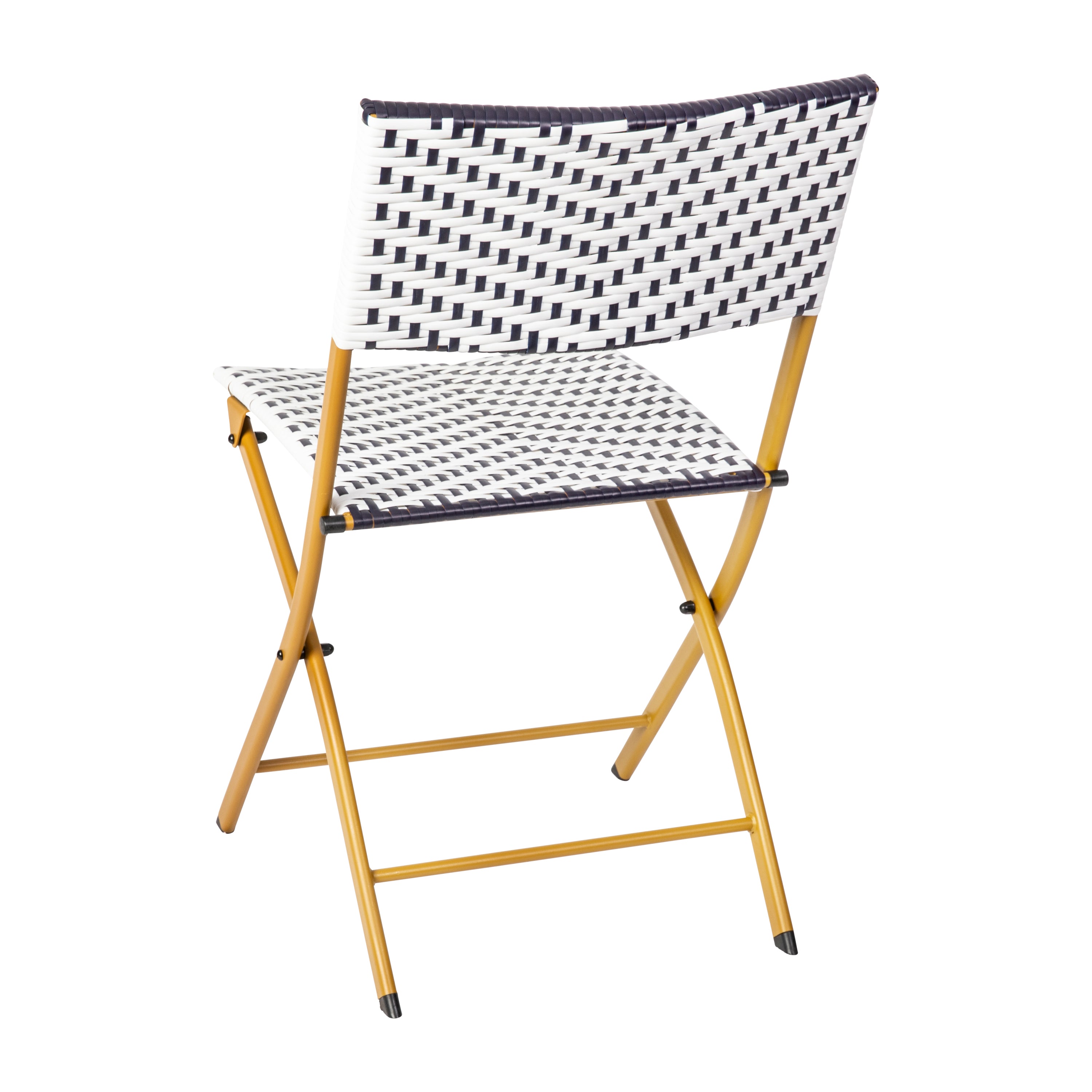 Rouen Set of 2 Commercial Grade Foldable Bistro Chairs, Indoor/Outdoor PE Rattan Back and Seat, Navy/White with Natural Steel Frames
