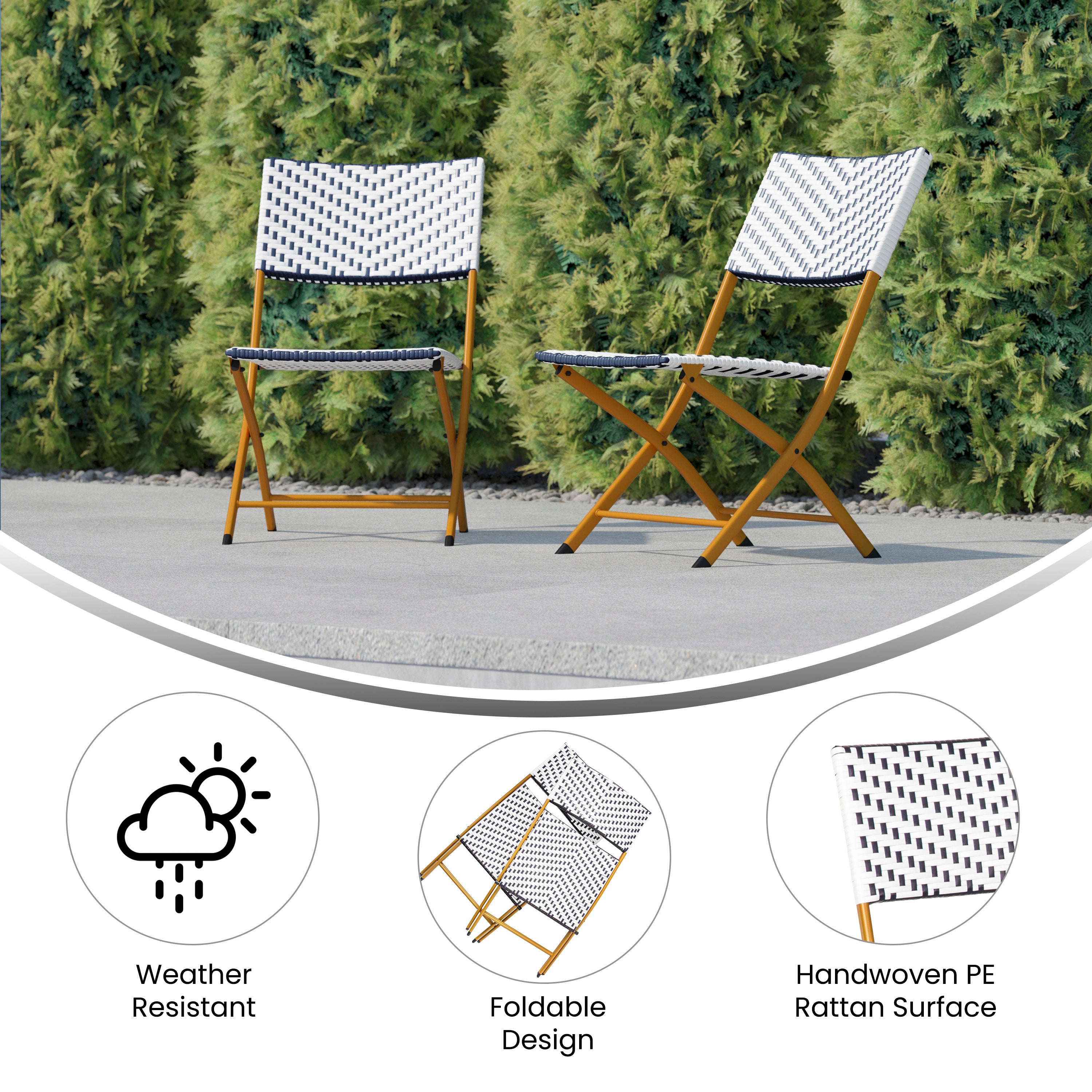 Rouen Set of 2 Commercial Grade Foldable Bistro Chairs, Indoor/Outdoor PE Rattan Back and Seat, Navy/White with Natural Steel Frames