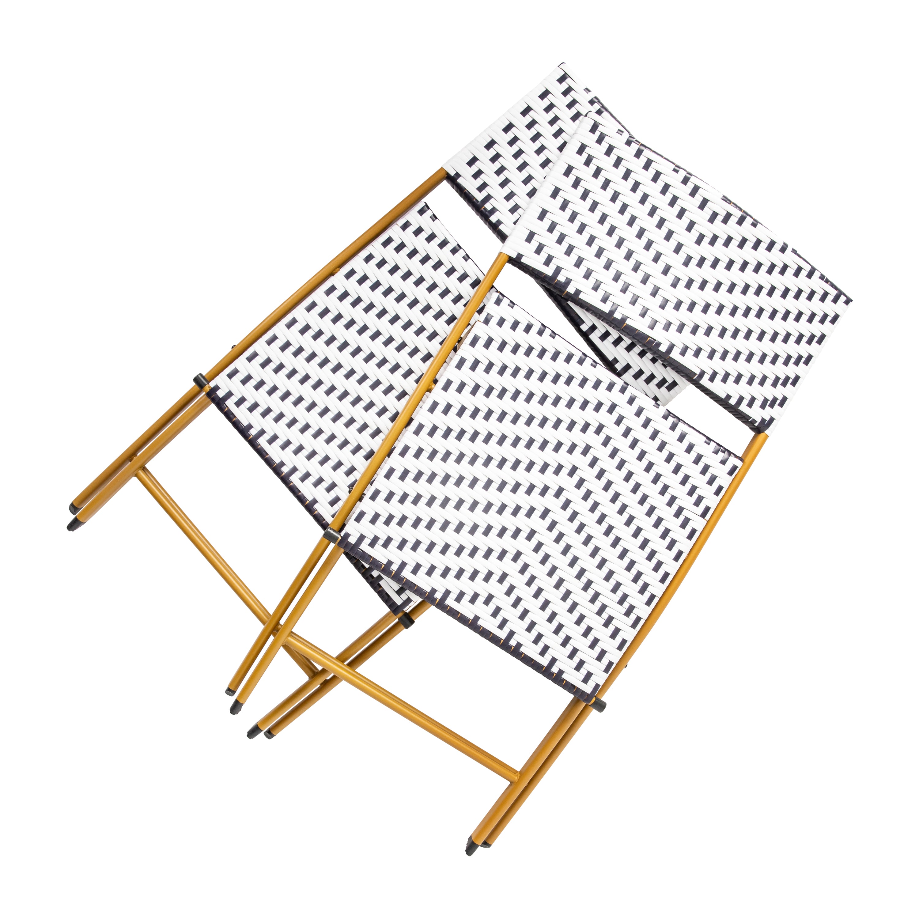 Rouen Set of 2 Commercial Grade Foldable Bistro Chairs, Indoor/Outdoor PE Rattan Back and Seat, Navy/White with Natural Steel Frames