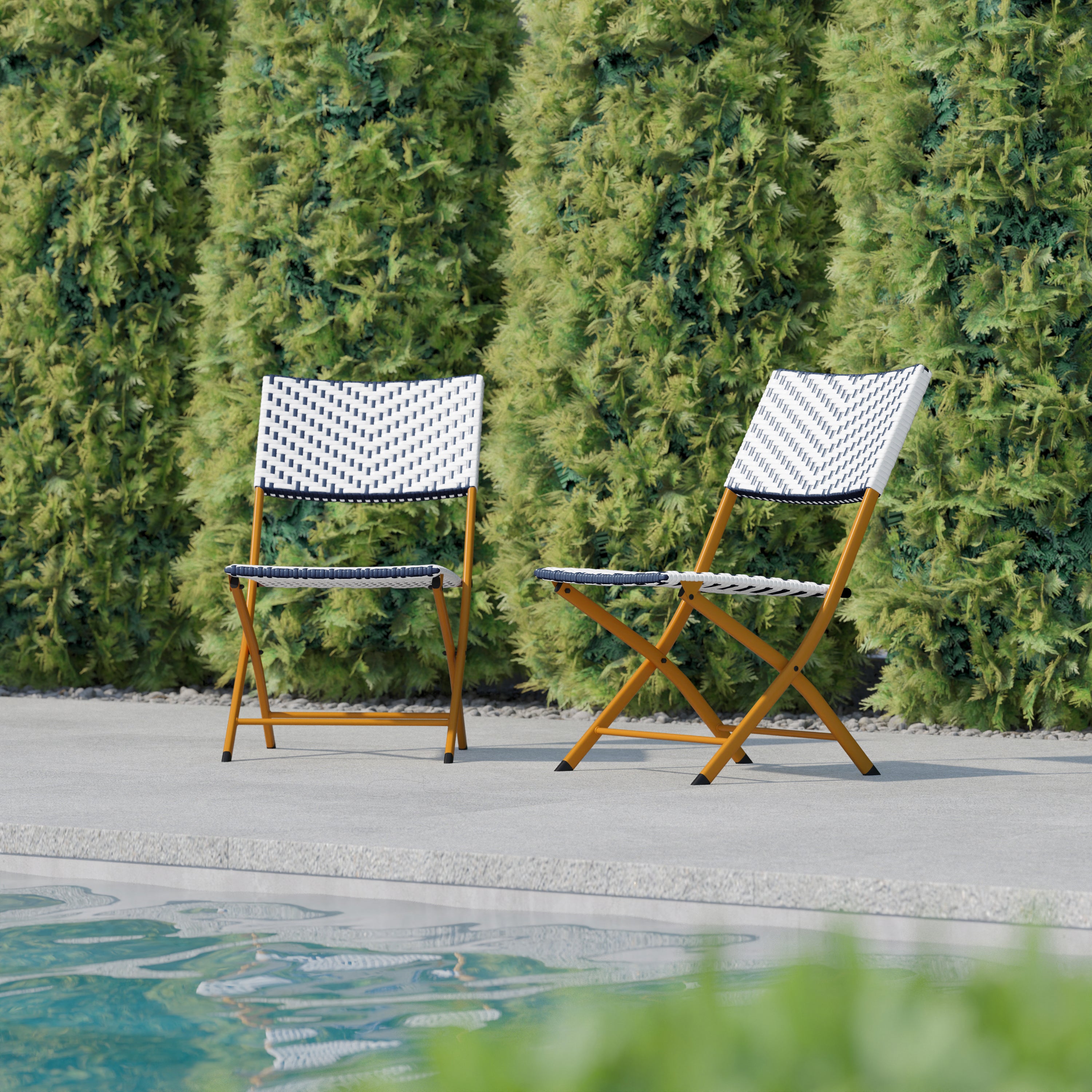 Rouen Set of 2 Commercial Grade Foldable Bistro Chairs, Indoor/Outdoor PE Rattan Back and Seat, Navy/White with Natural Steel Frames