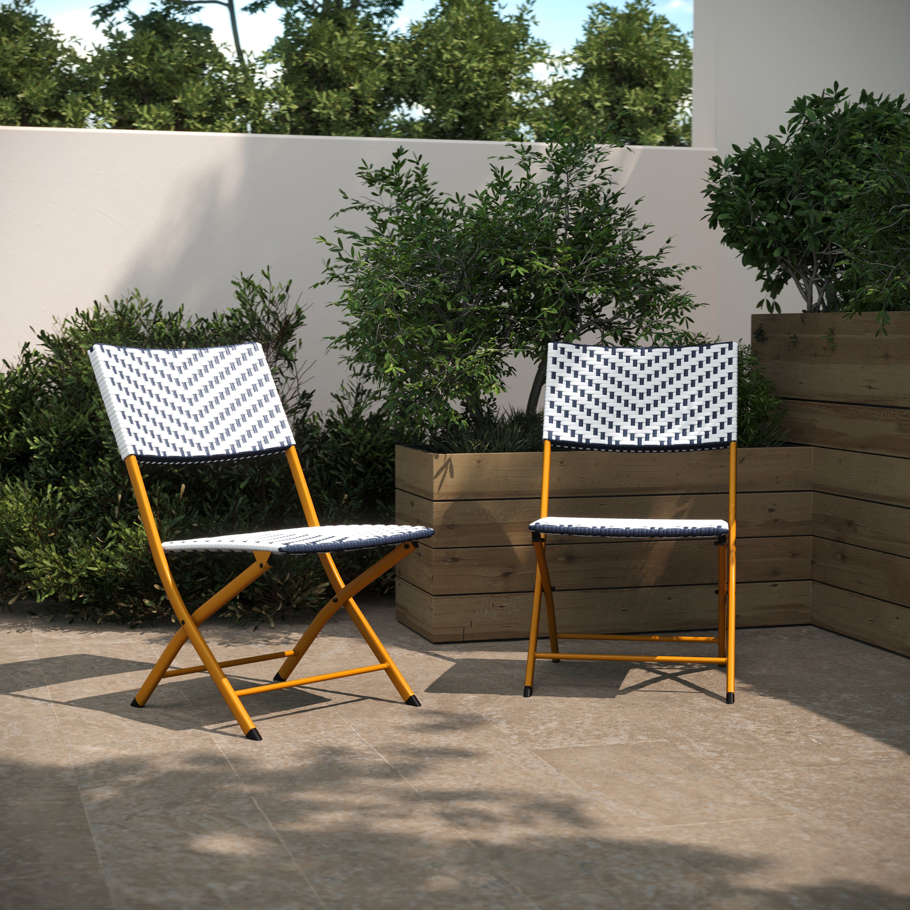 Rouen Set of 2 Commercial Grade Foldable Bistro Chairs, Indoor/Outdoor PE Rattan Back and Seat, Navy/White with Natural Steel Frames