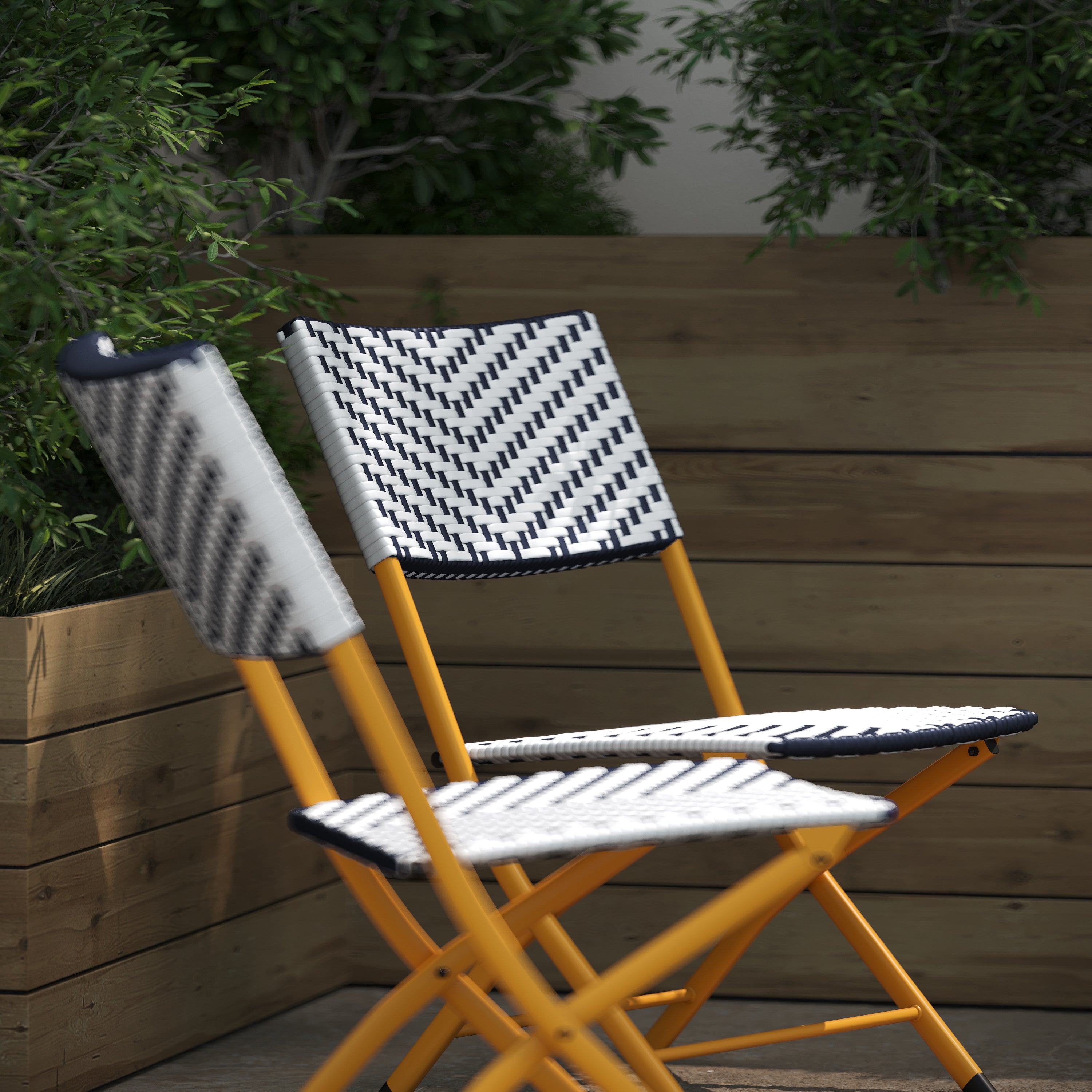 Rouen Set of 2 Commercial Grade Foldable Bistro Chairs, Indoor/Outdoor PE Rattan Back and Seat, Navy/White with Natural Steel Frames
