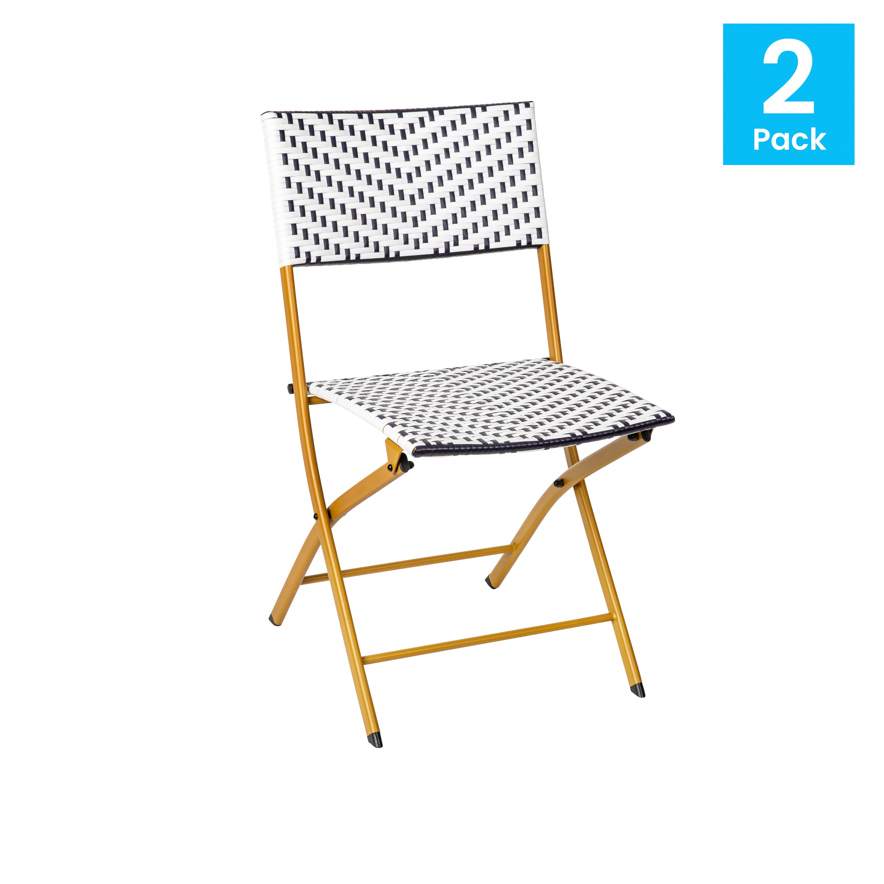 Rouen Set of 2 Commercial Grade Foldable Bistro Chairs, Indoor/Outdoor PE Rattan Back and Seat, Navy/White with Natural Steel Frames