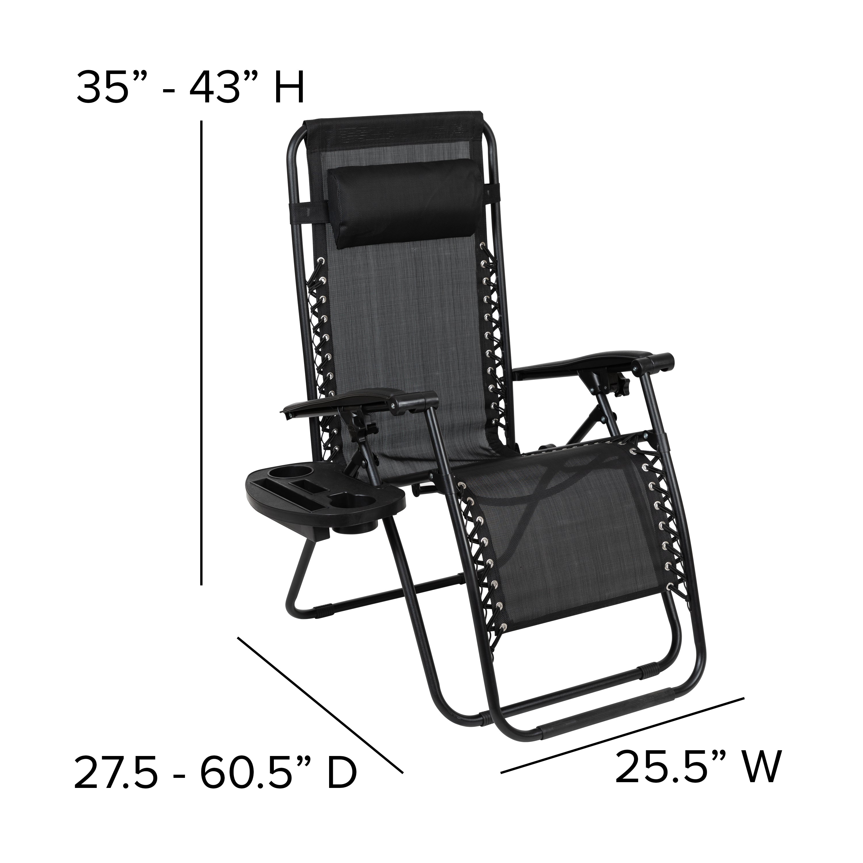 Celestial Adjustable Folding Mesh Zero Gravity Reclining Lounge Chair with Pillow and Cup Holder Tray in Black, Set of 2