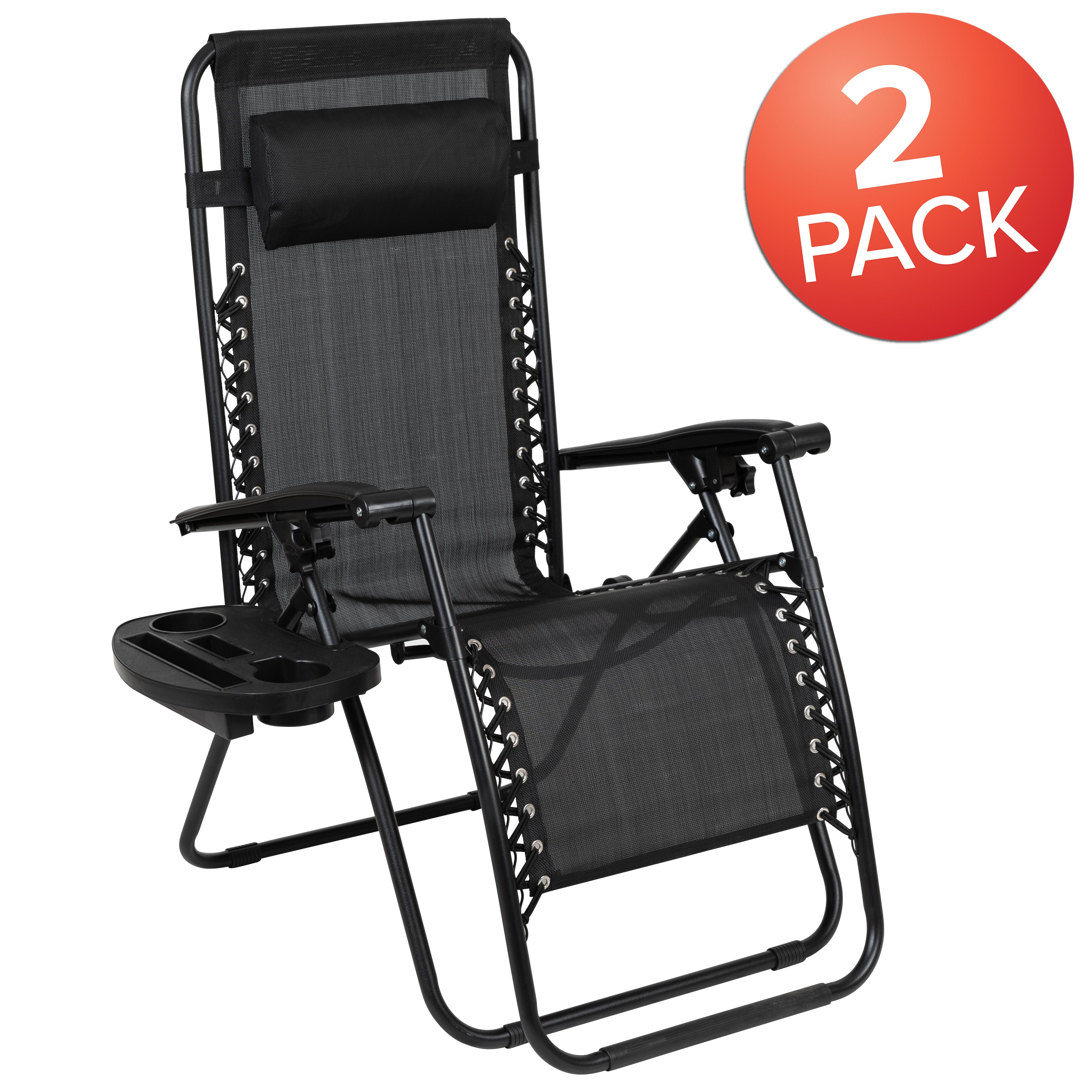 Celestial Adjustable Folding Mesh Zero Gravity Reclining Lounge Chair with Pillow and Cup Holder Tray in Black, Set of 2