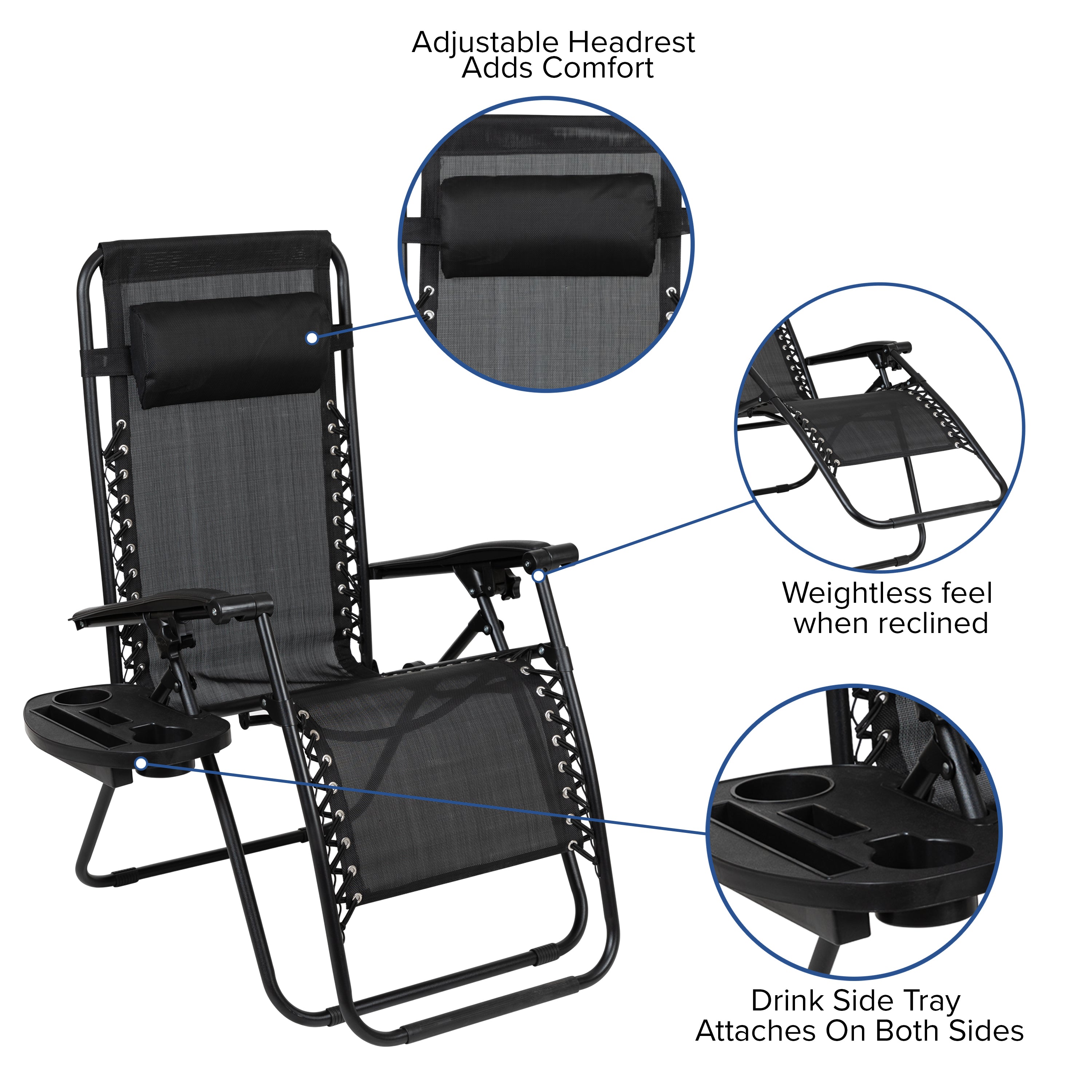 Celestial Adjustable Folding Mesh Zero Gravity Reclining Lounge Chair with Pillow and Cup Holder Tray in Black, Set of 2