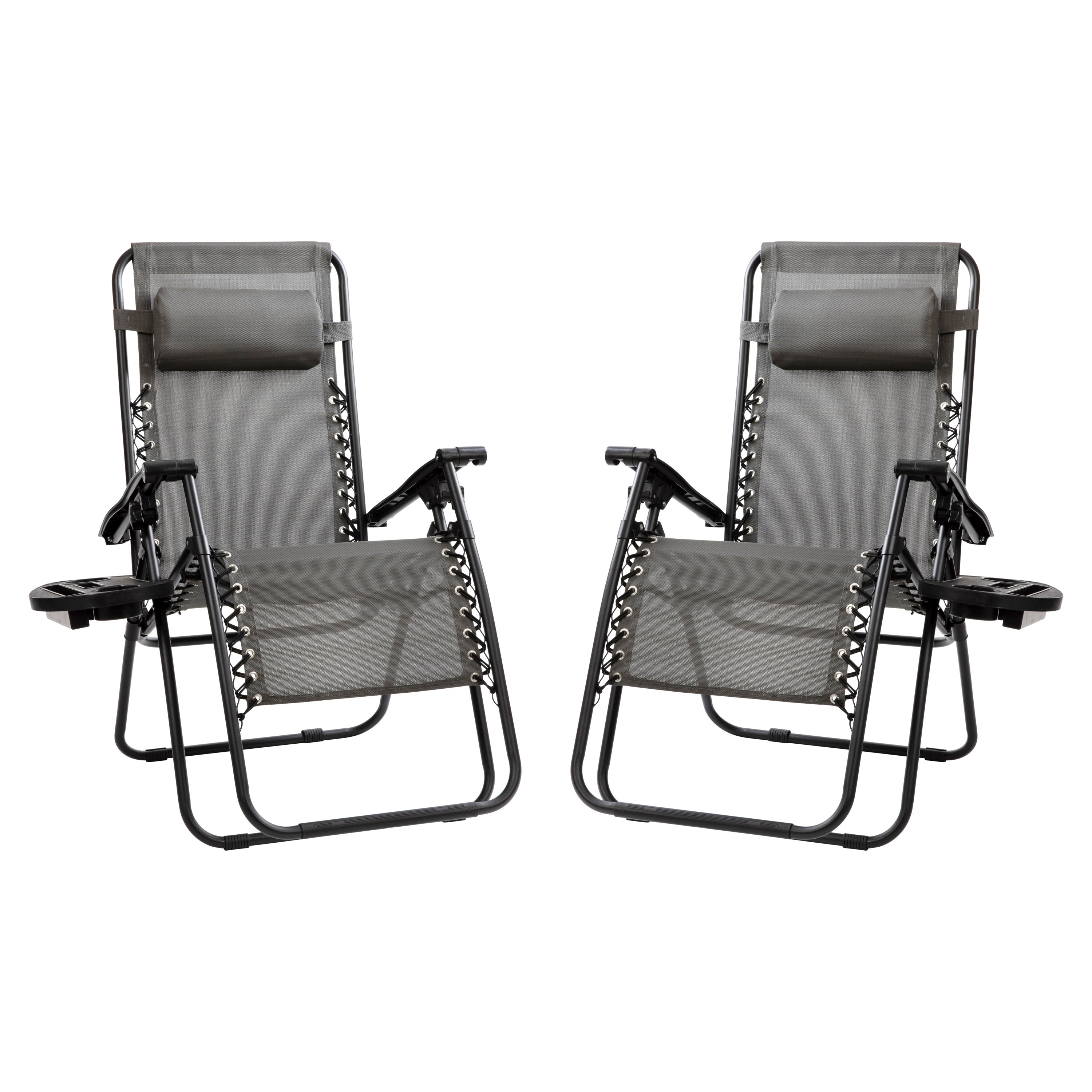 Celestial Adjustable Folding Mesh Zero Gravity Reclining Lounge Chair with Pillow and Cup Holder Tray in Gray, Set of 2