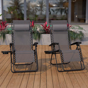 Celestial Adjustable Folding Mesh Zero Gravity Reclining Lounge Chair with Pillow and Cup Holder Tray in Gray, Set of 2