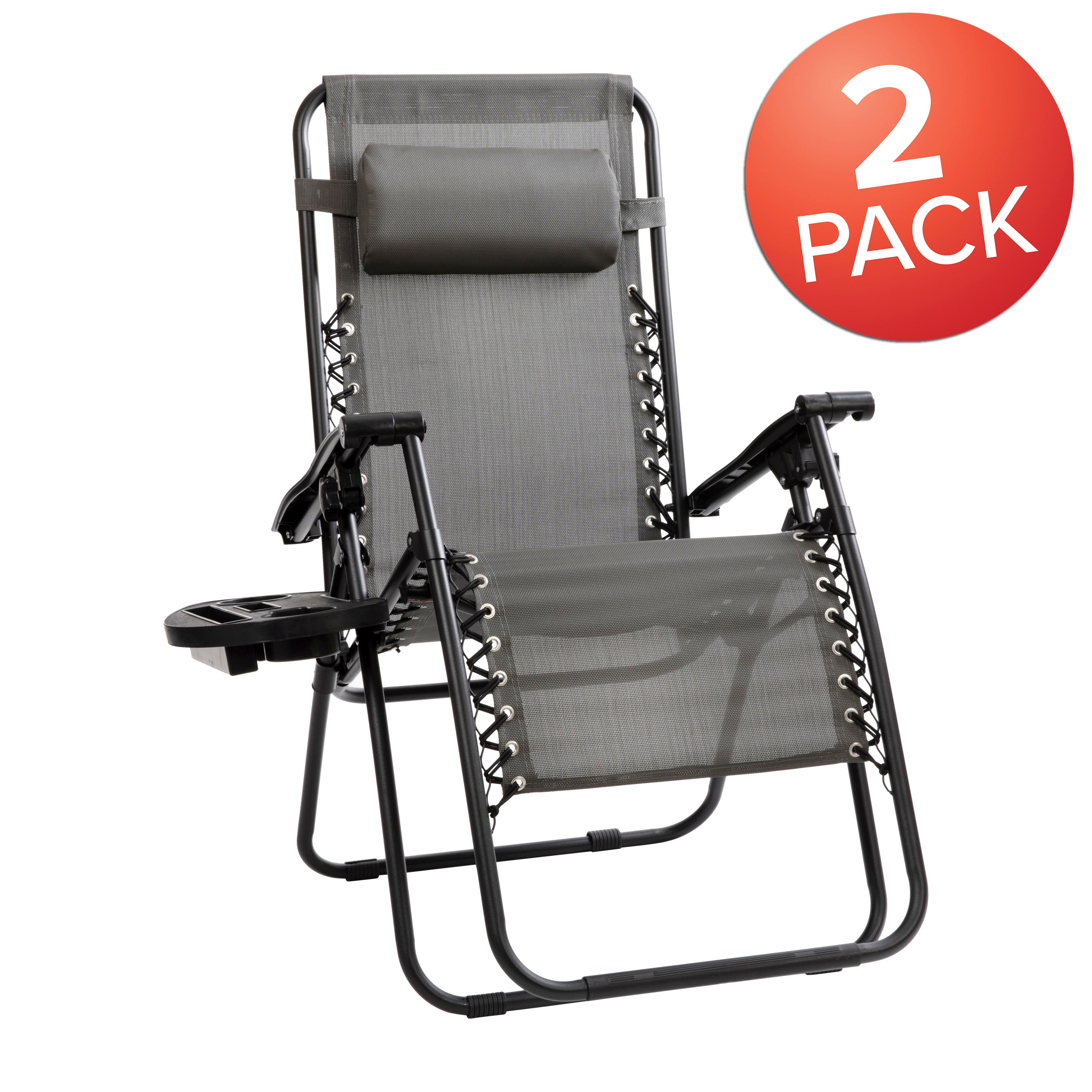 Celestial Adjustable Folding Mesh Zero Gravity Reclining Lounge Chair with Pillow and Cup Holder Tray in Gray, Set of 2
