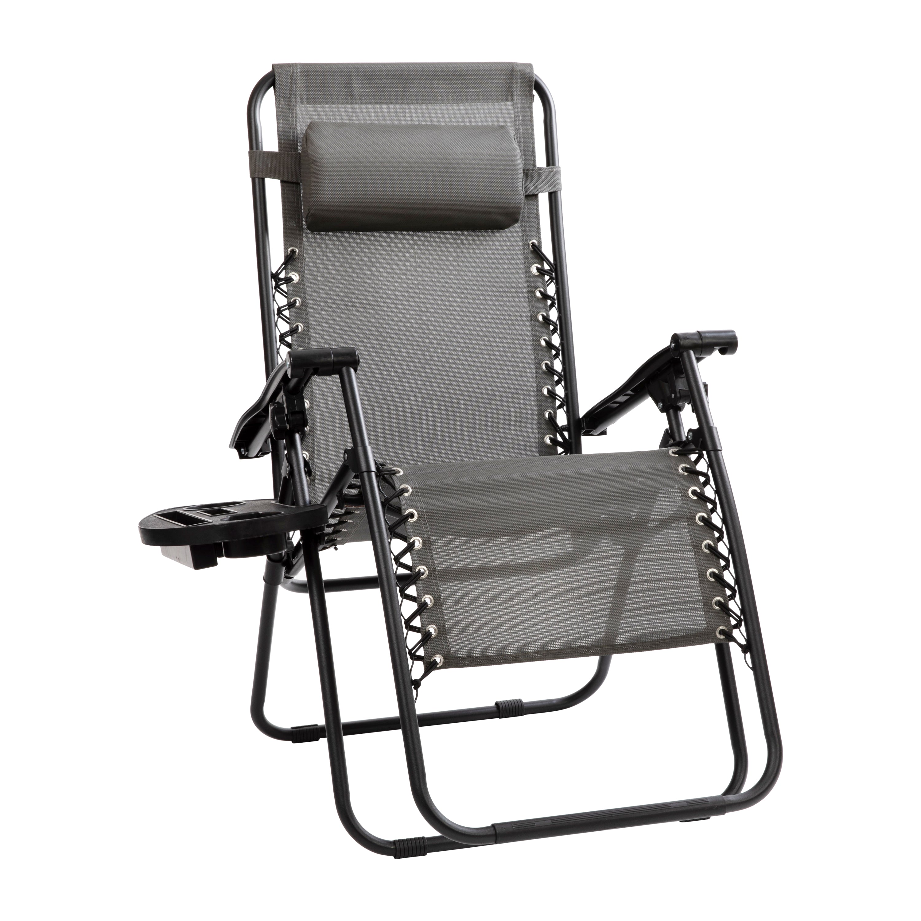 Celestial Adjustable Folding Mesh Zero Gravity Reclining Lounge Chair with Pillow and Cup Holder Tray in Gray, Set of 2