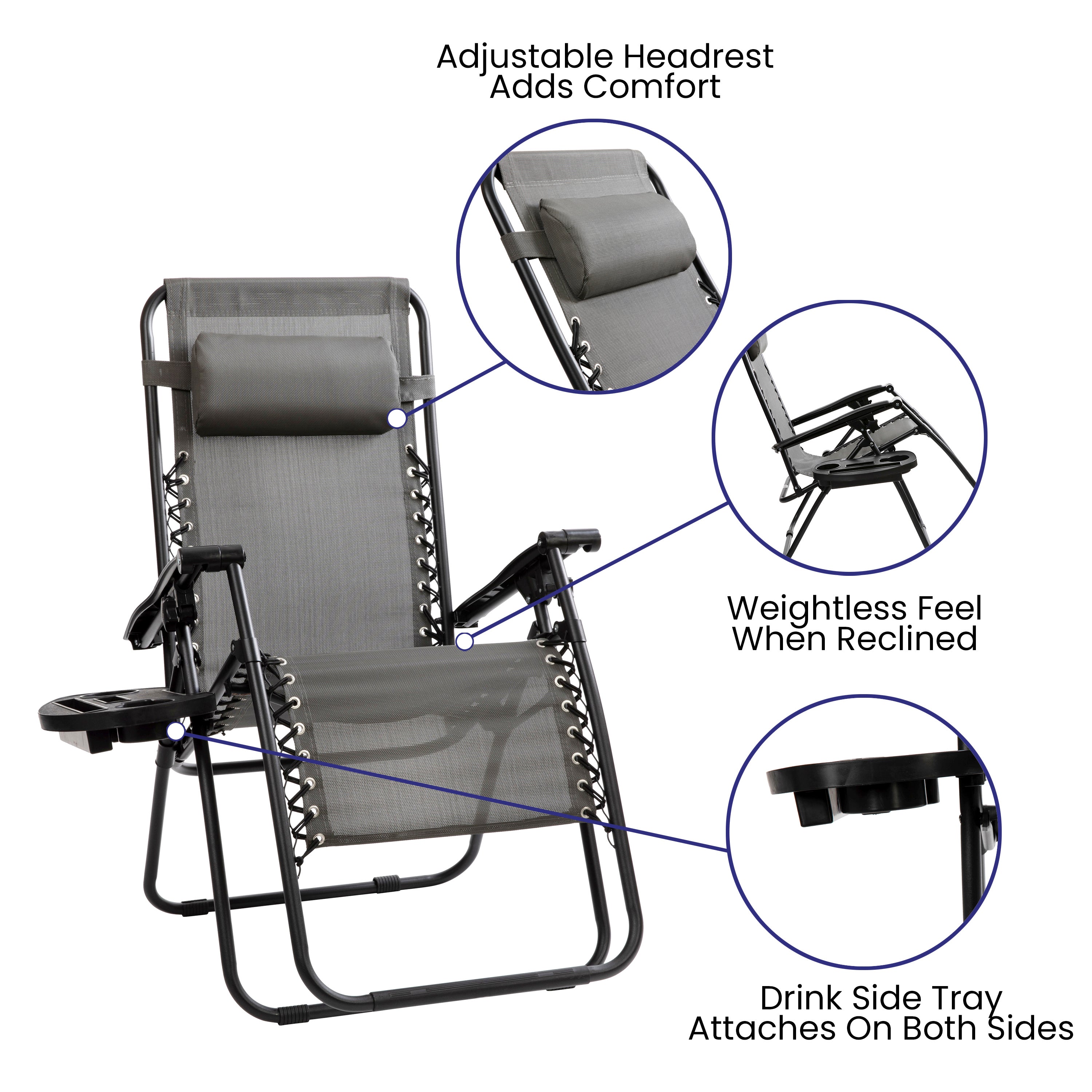 Celestial Adjustable Folding Mesh Zero Gravity Reclining Lounge Chair with Pillow and Cup Holder Tray in Gray, Set of 2