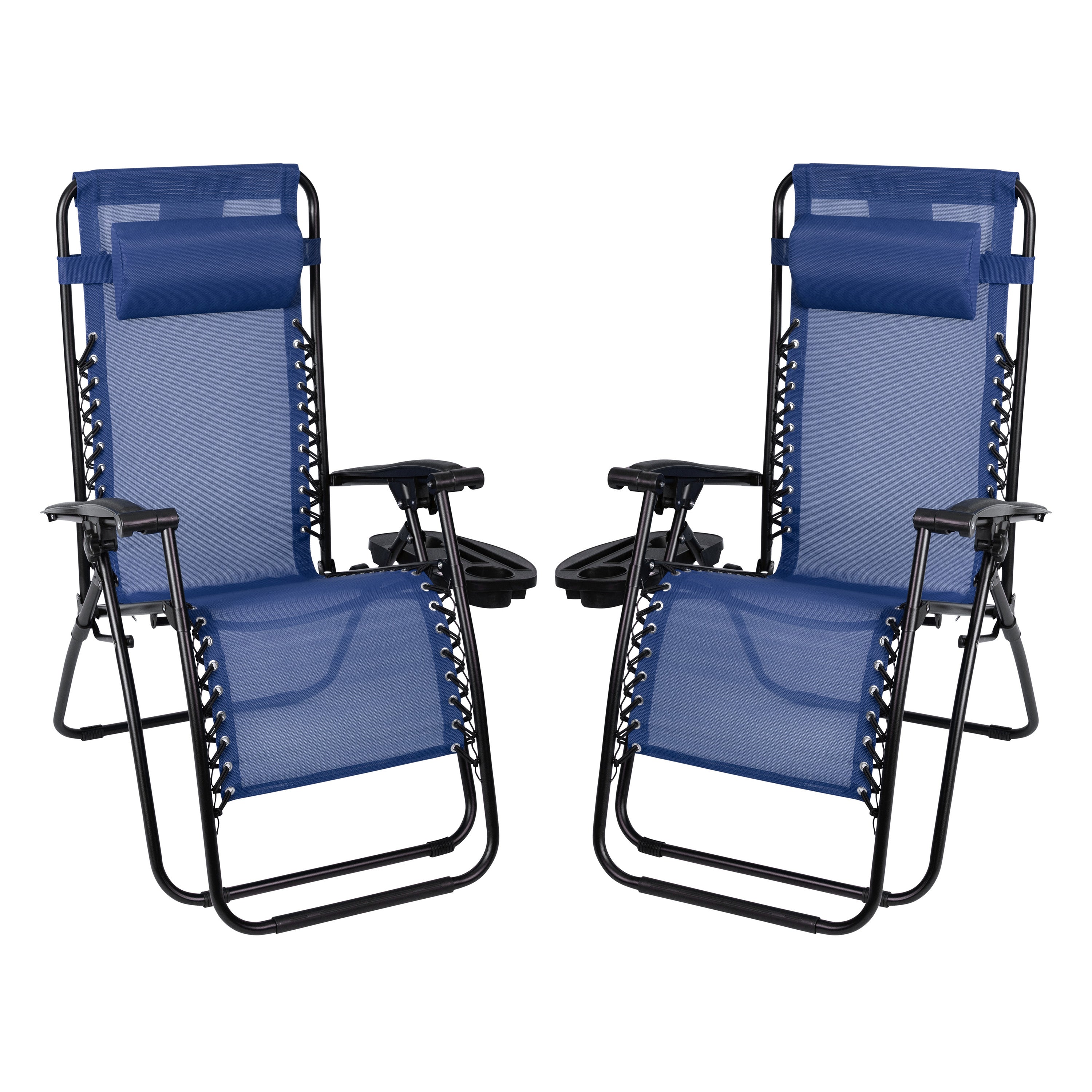 Celestial Adjustable Folding Mesh Zero Gravity Reclining Lounge Chair with Pillow and Cup Holder Tray in Navy