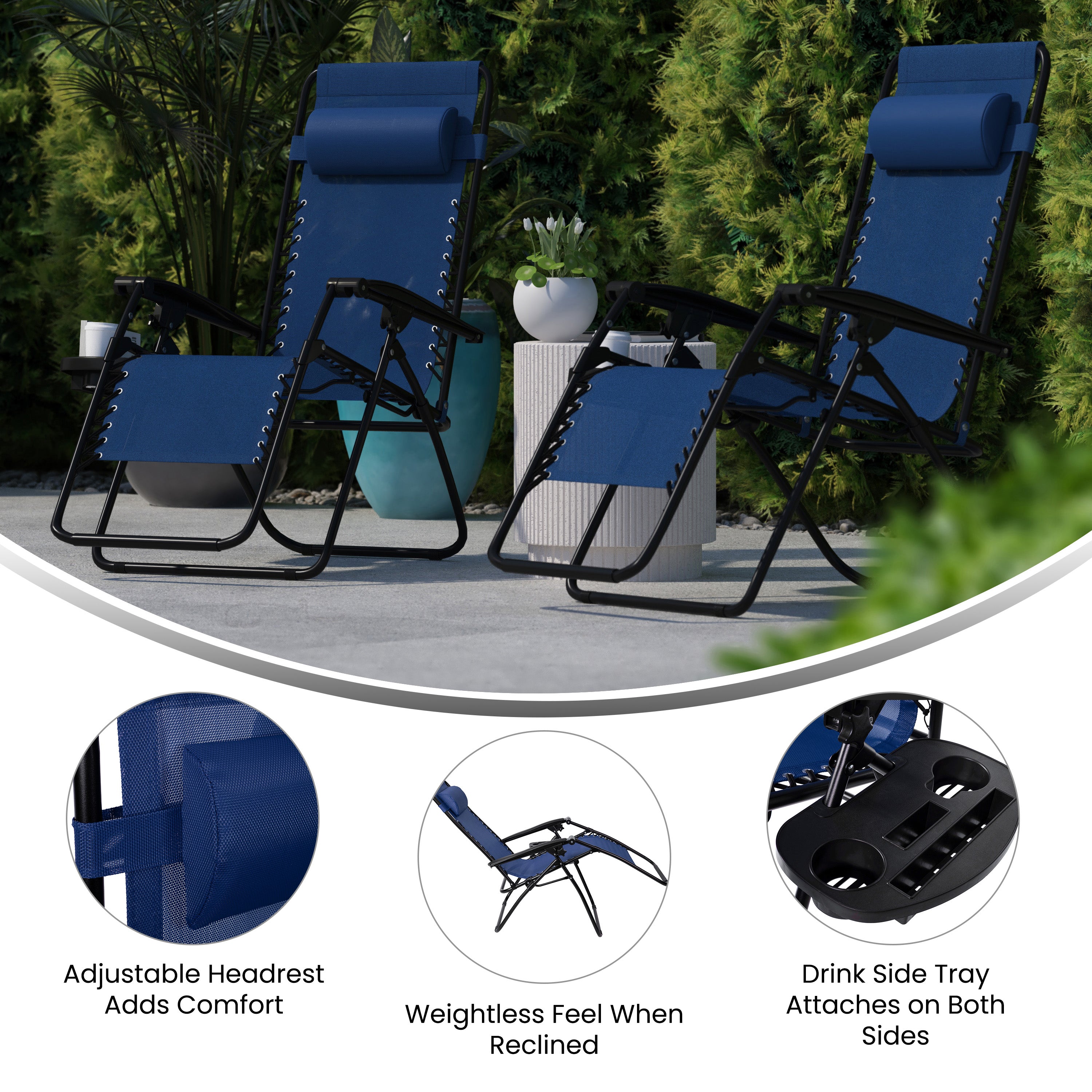 Celestial Adjustable Folding Mesh Zero Gravity Reclining Lounge Chair with Pillow and Cup Holder Tray in Navy