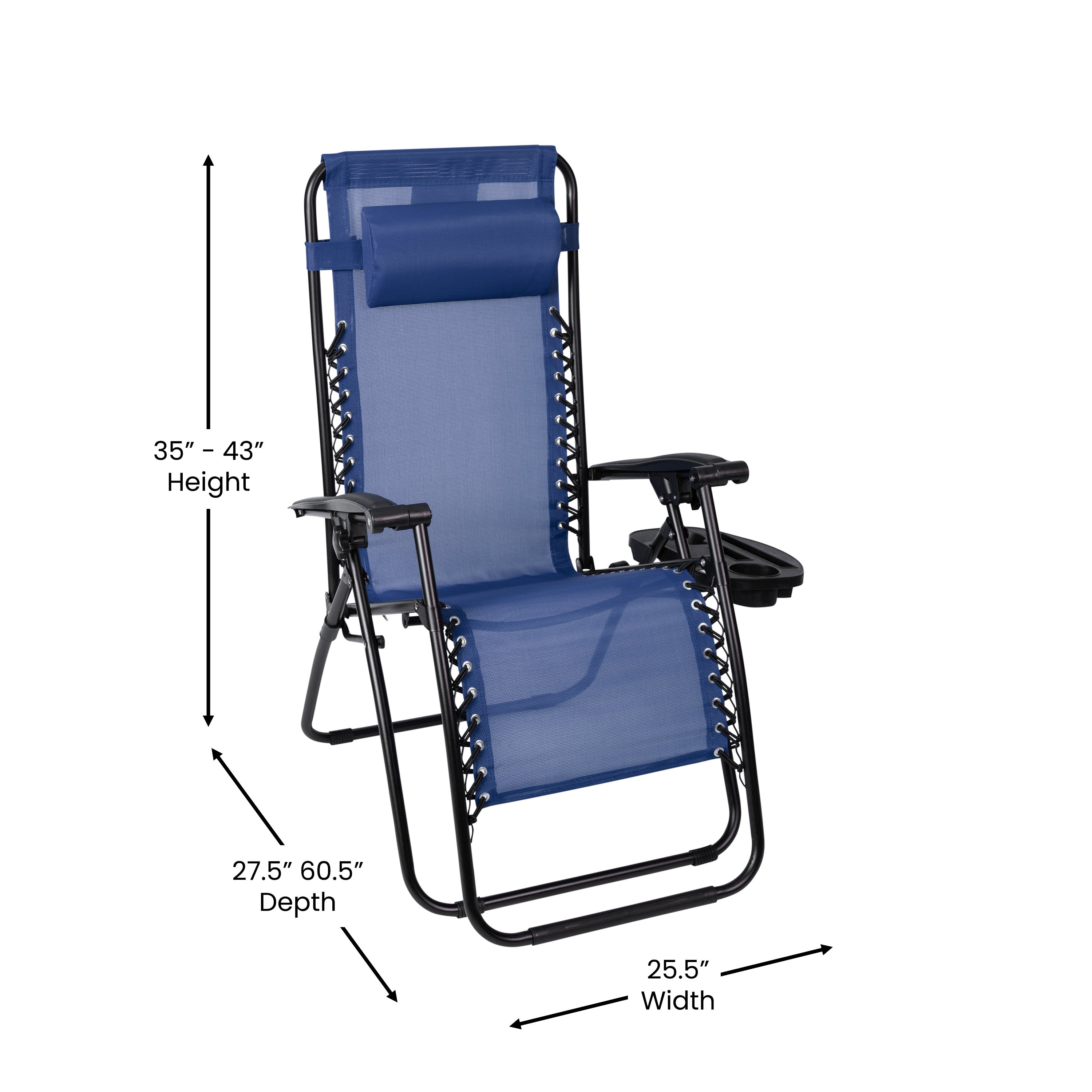Celestial Adjustable Folding Mesh Zero Gravity Reclining Lounge Chair with Pillow and Cup Holder Tray in Navy
