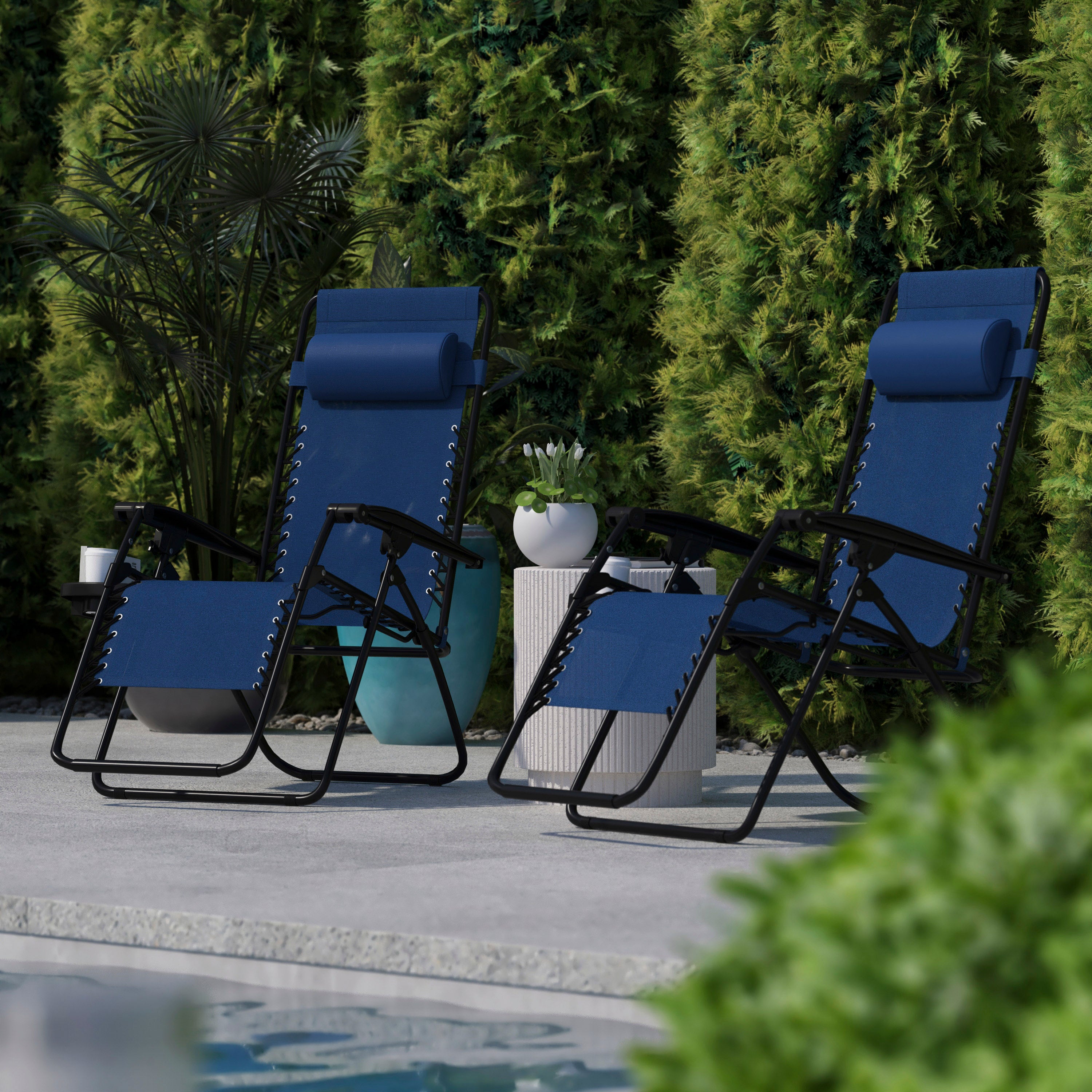 Celestial Adjustable Folding Mesh Zero Gravity Reclining Lounge Chair with Pillow and Cup Holder Tray in Navy