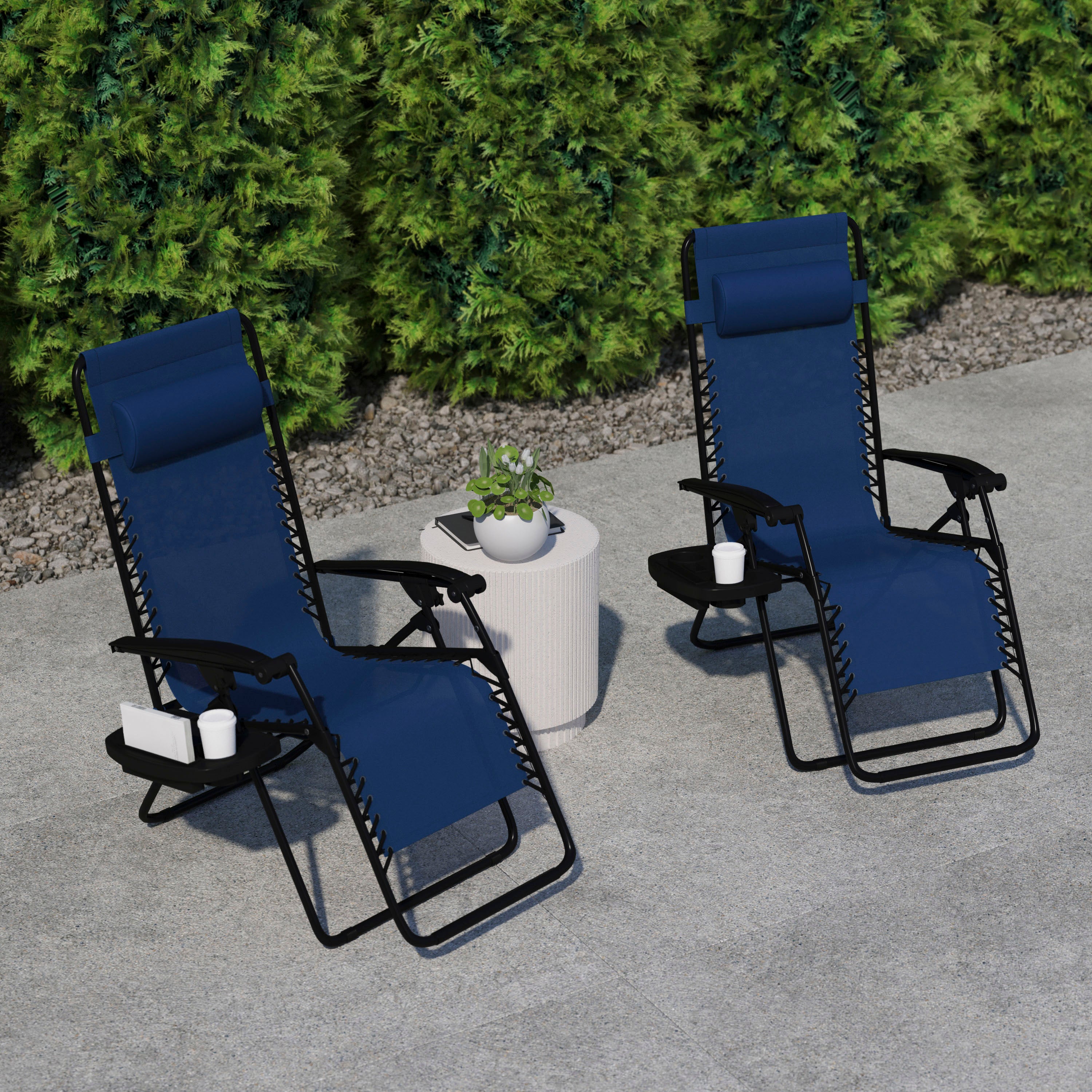 Celestial Adjustable Folding Mesh Zero Gravity Reclining Lounge Chair with Pillow and Cup Holder Tray in Navy