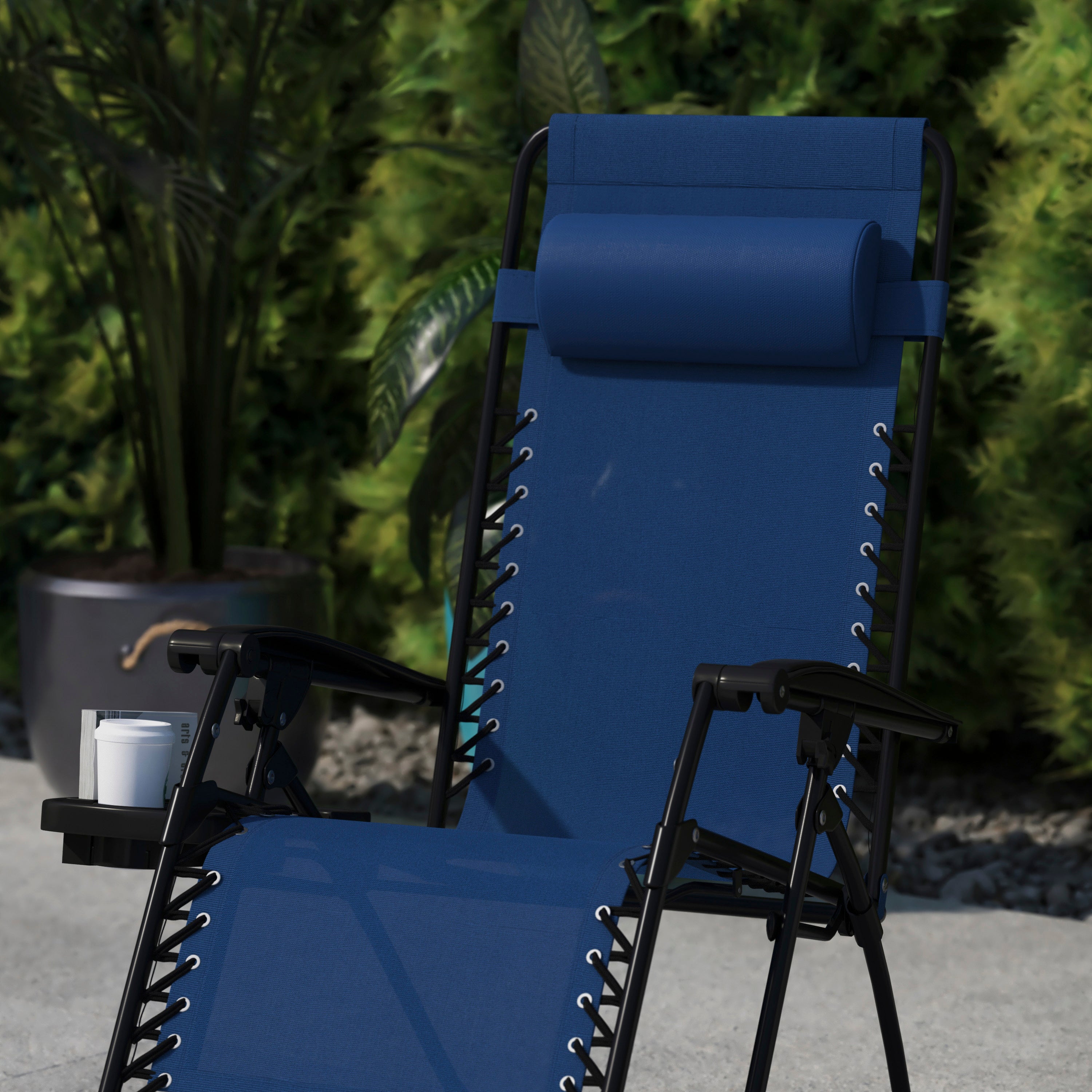 Celestial Adjustable Folding Mesh Zero Gravity Reclining Lounge Chair with Pillow and Cup Holder Tray in Navy