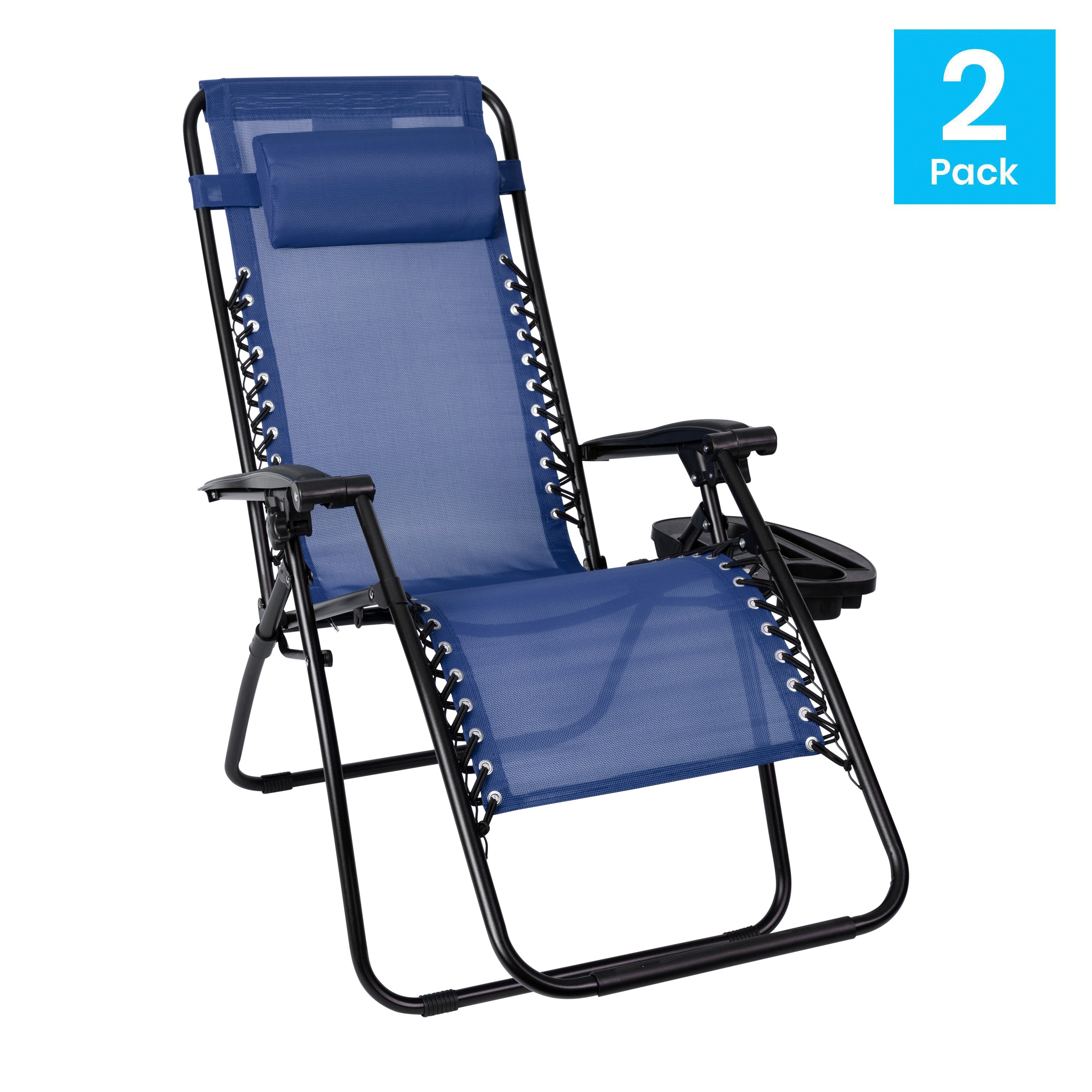 Celestial Adjustable Folding Mesh Zero Gravity Reclining Lounge Chair with Pillow and Cup Holder Tray in Navy