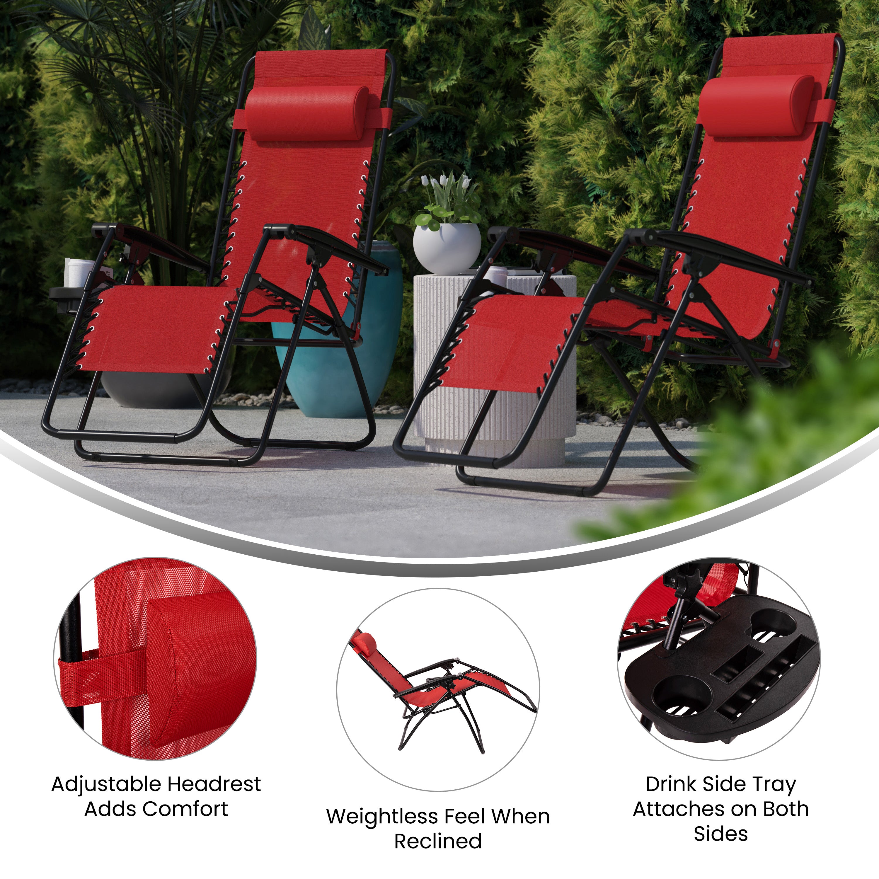 Celestial Adjustable Folding Mesh Zero Gravity Reclining Lounge Chair with Pillow and Cup Holder Tray in Red