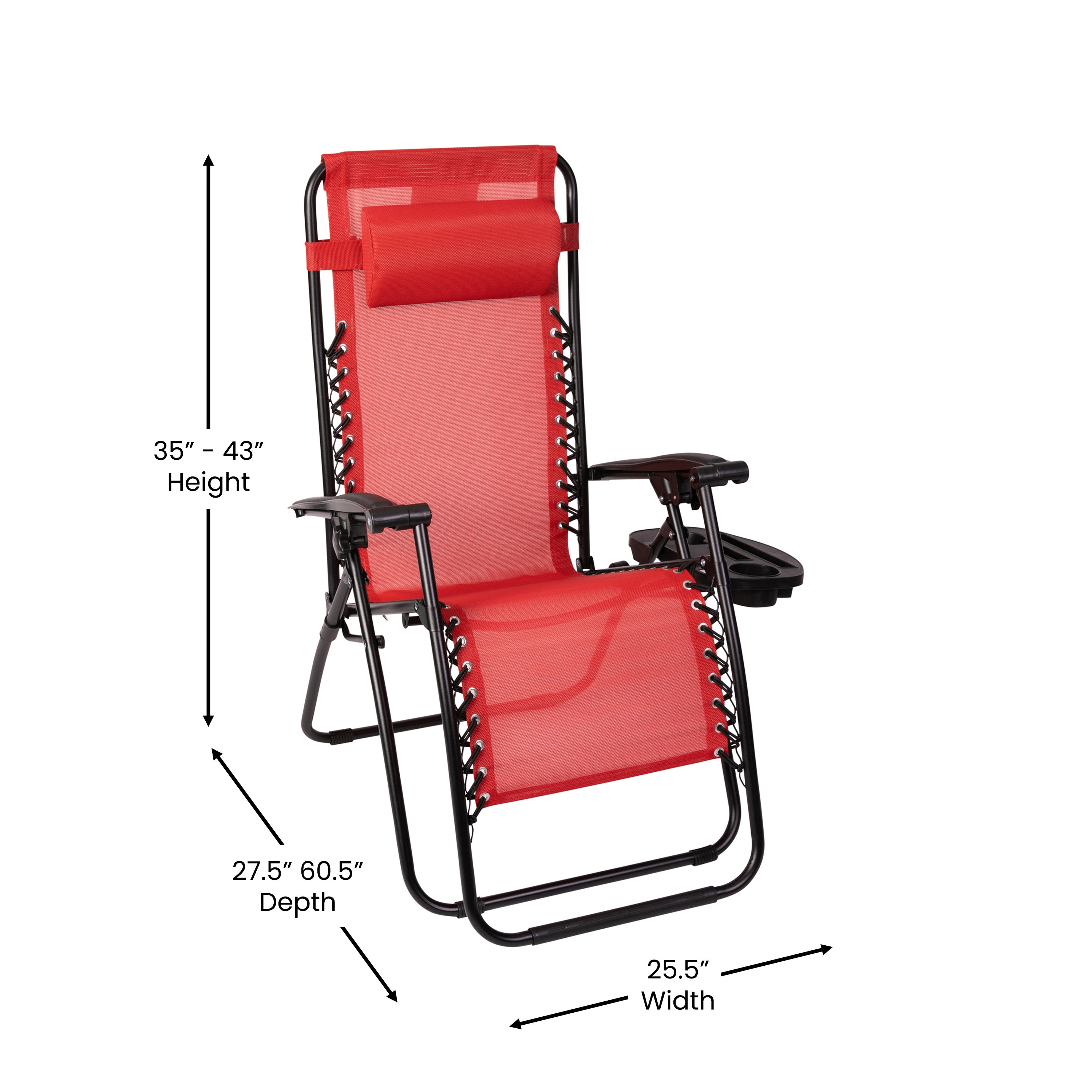 Celestial Adjustable Folding Mesh Zero Gravity Reclining Lounge Chair with Pillow and Cup Holder Tray in Red