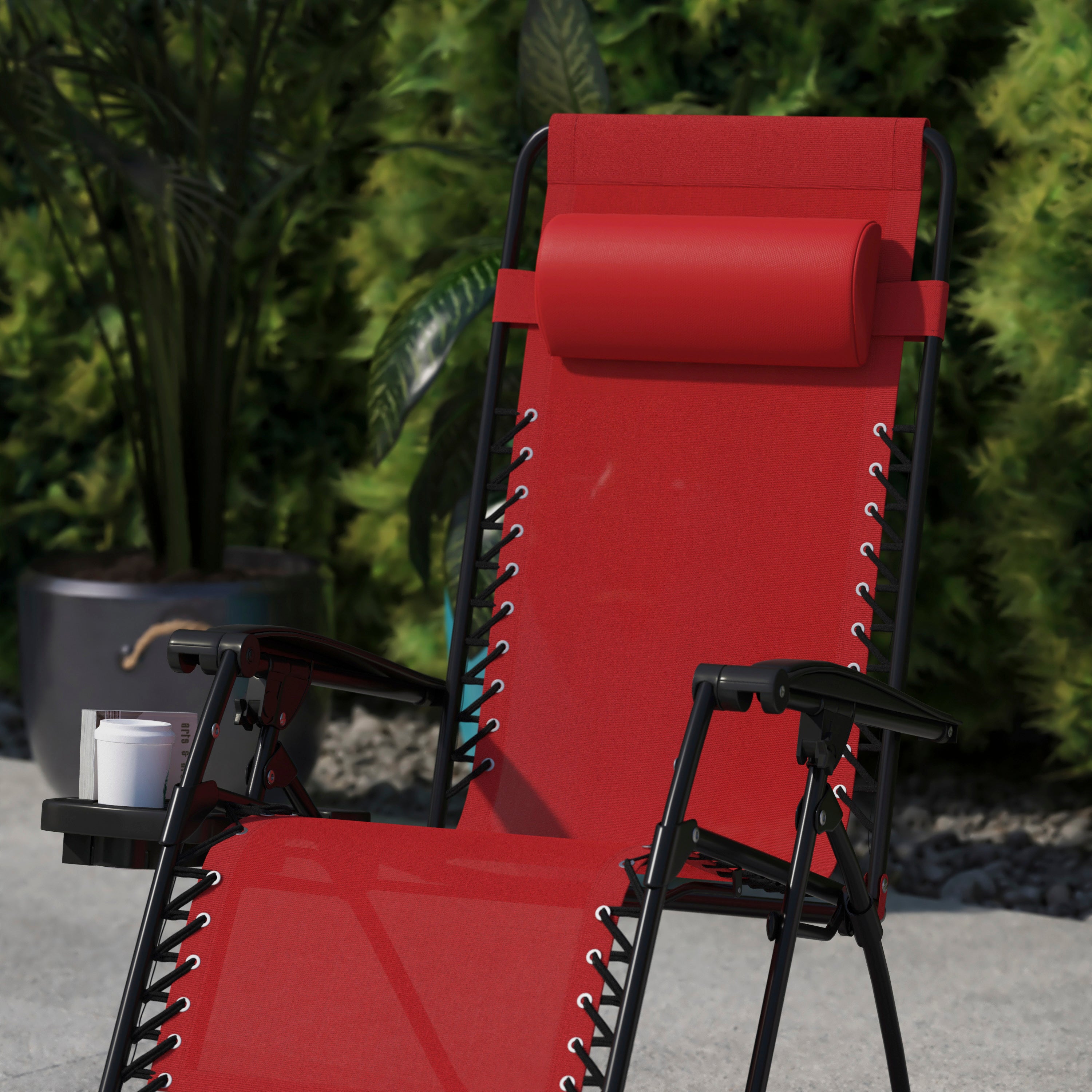 Celestial Adjustable Folding Mesh Zero Gravity Reclining Lounge Chair with Pillow and Cup Holder Tray in Red