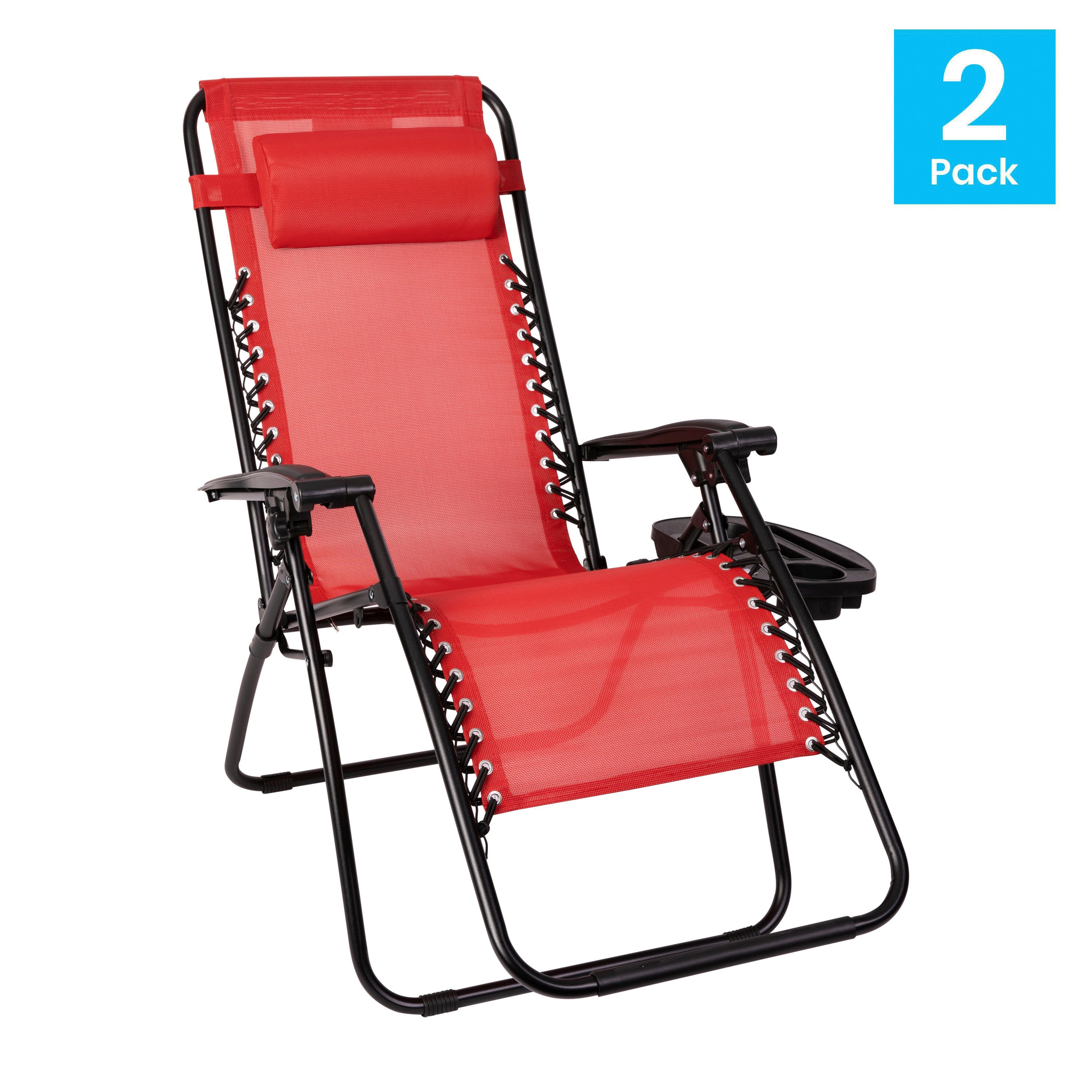 Celestial Adjustable Folding Mesh Zero Gravity Reclining Lounge Chair with Pillow and Cup Holder Tray in Red