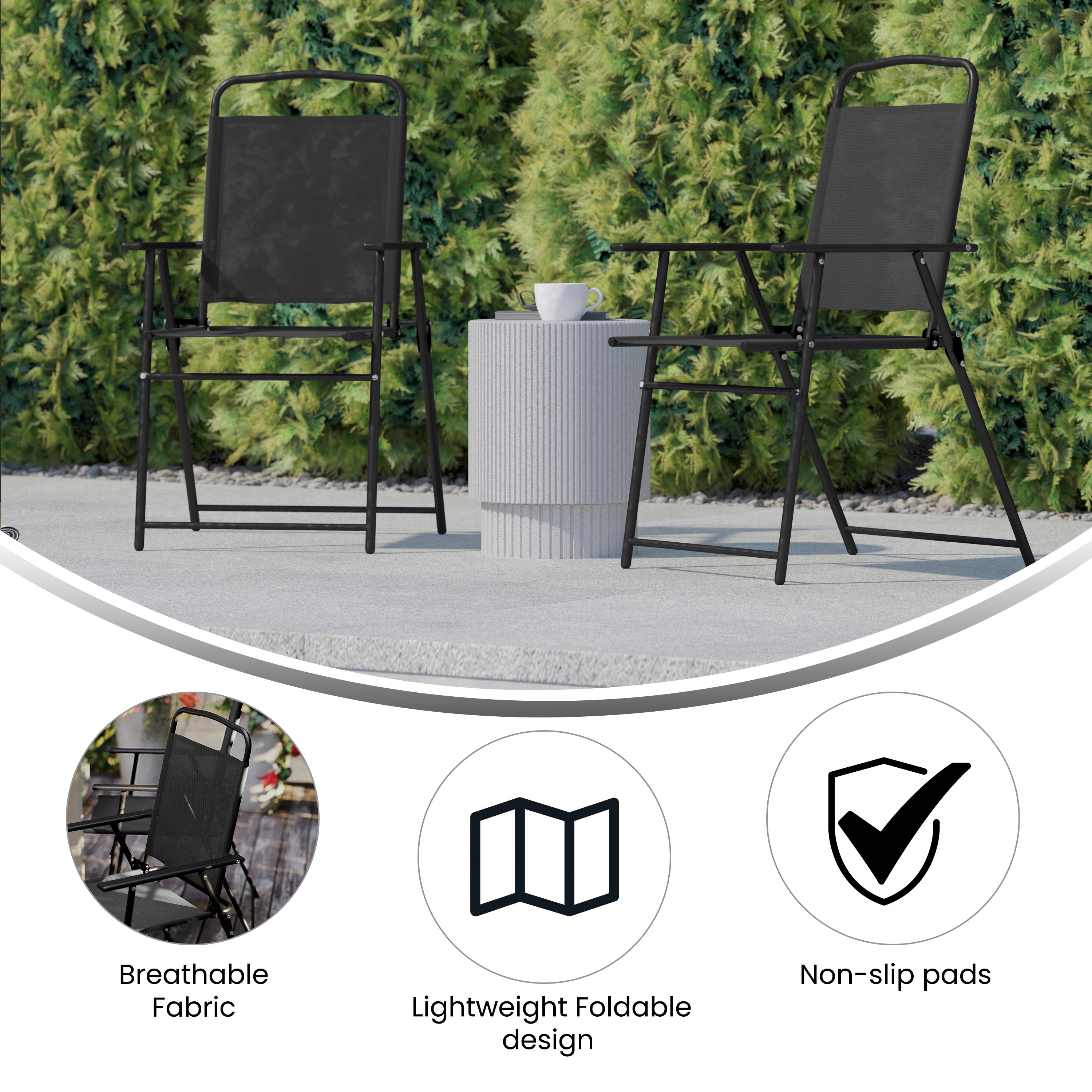 Set of 2 Mystic Folding Patio Sling Chairs, Outdoor Textilene Lawn Chairs with Armrests in Black