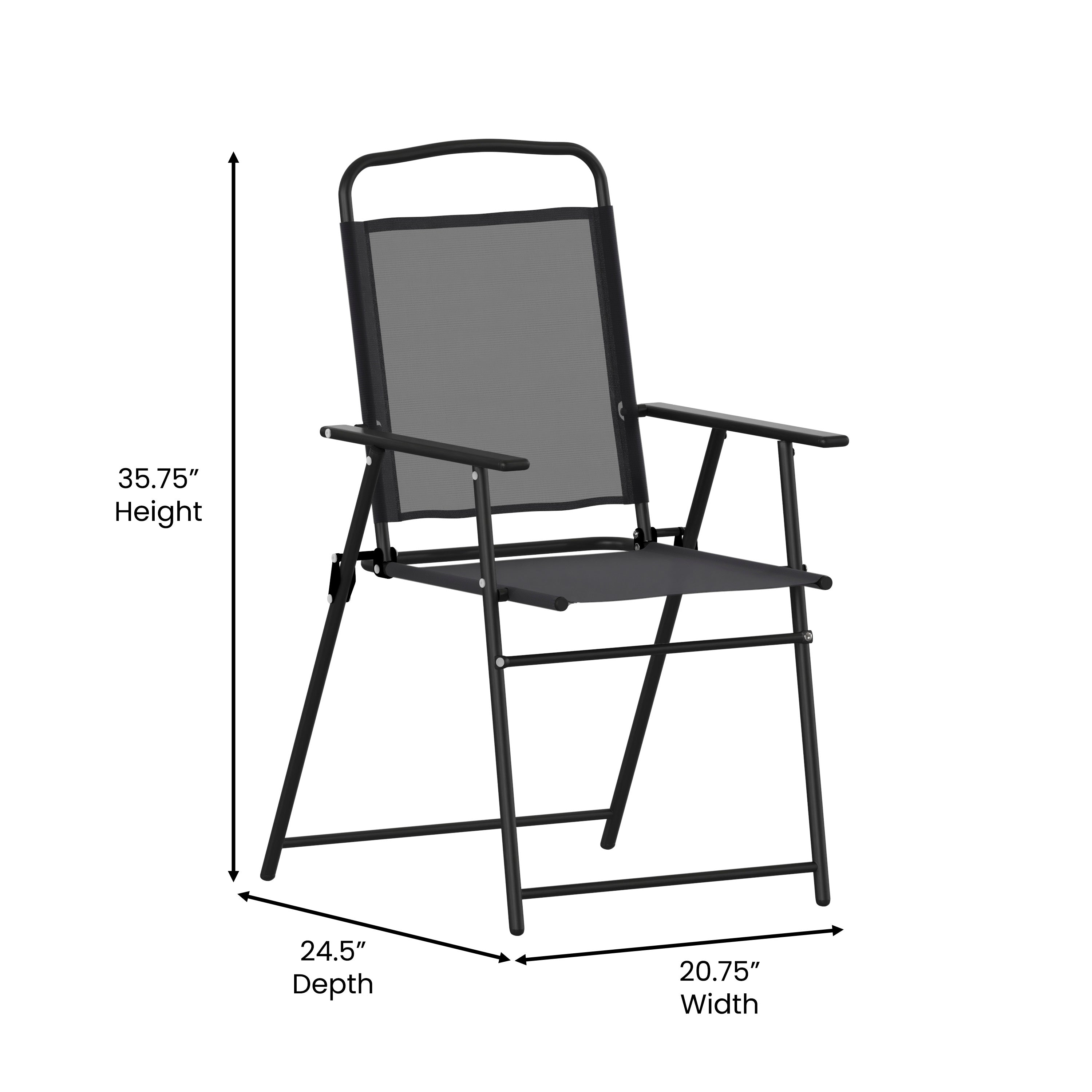 Set of 2 Mystic Folding Patio Sling Chairs, Outdoor Textilene Lawn Chairs with Armrests in Black