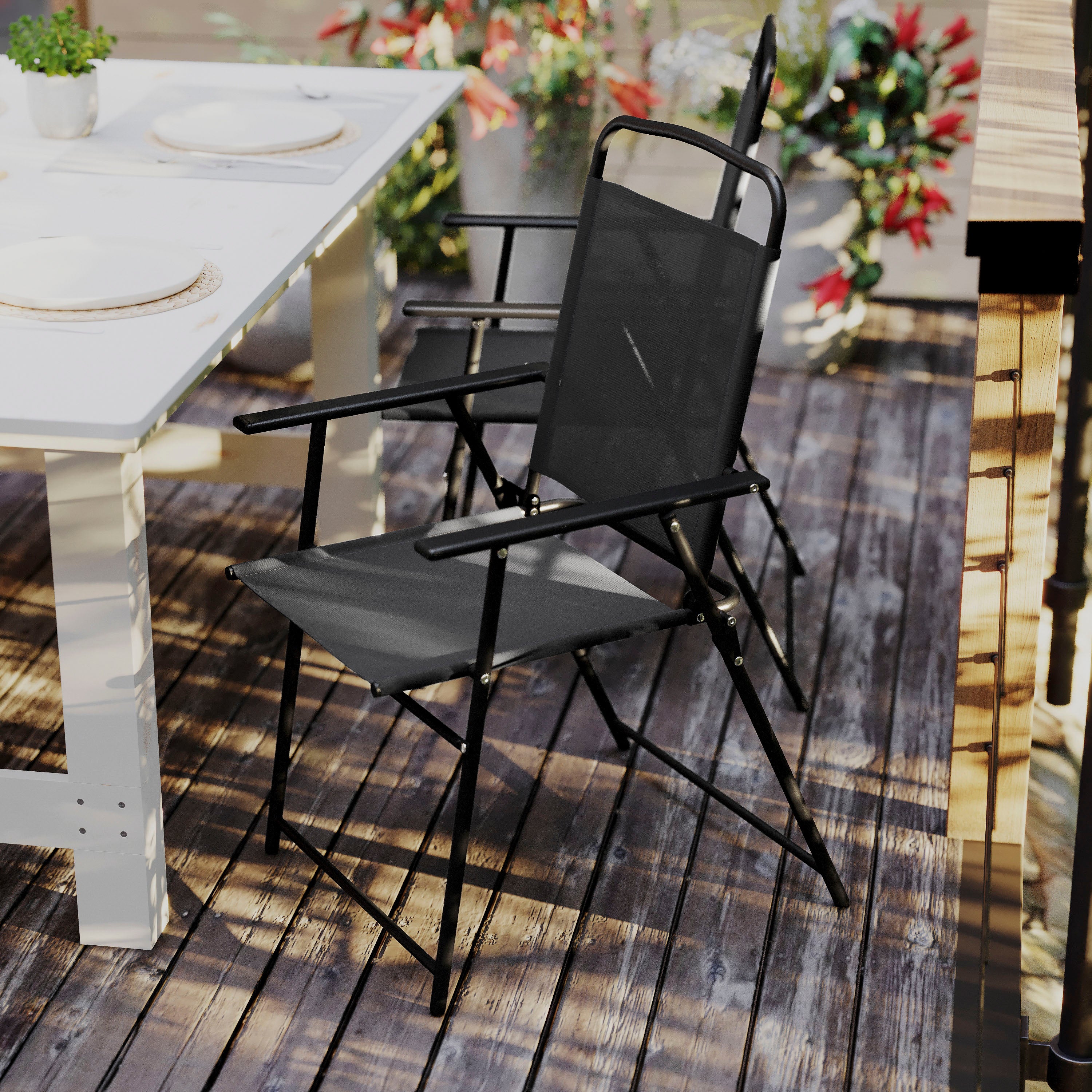 Set of 2 Mystic Folding Patio Sling Chairs, Outdoor Textilene Lawn Chairs with Armrests in Black