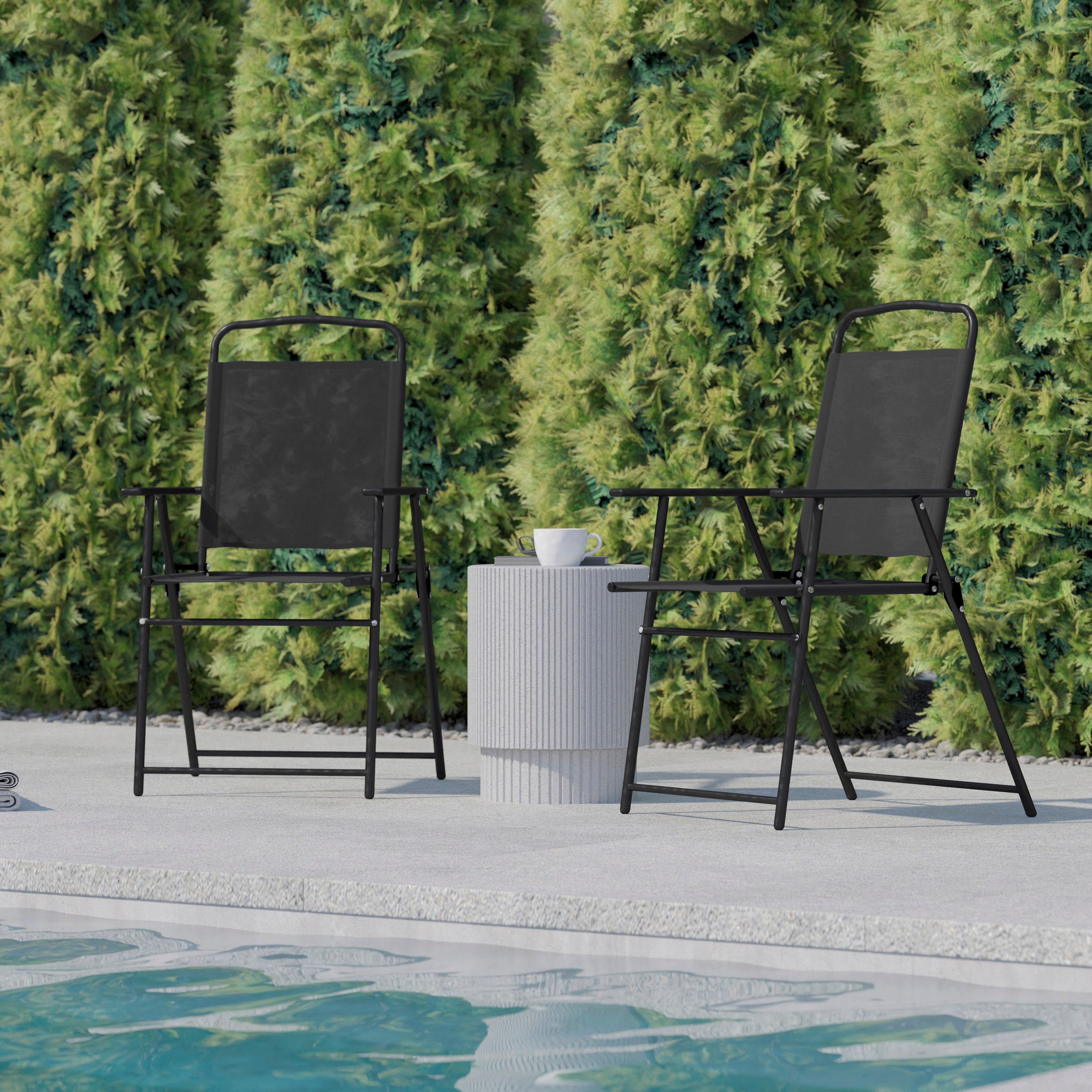 Set of 2 Mystic Folding Patio Sling Chairs, Outdoor Textilene Lawn Chairs with Armrests in Black