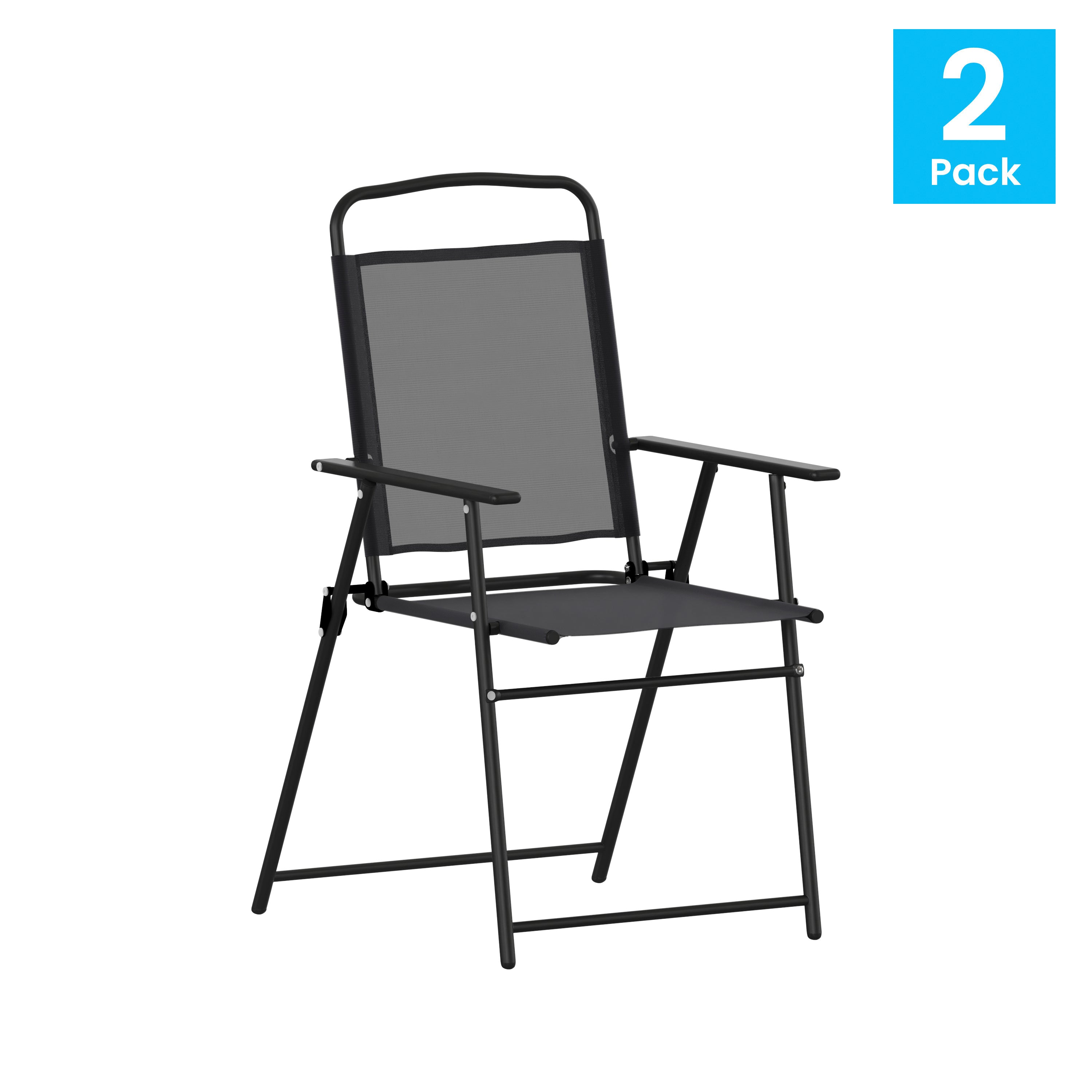 Set of 2 Mystic Folding Patio Sling Chairs, Outdoor Textilene Lawn Chairs with Armrests in Black