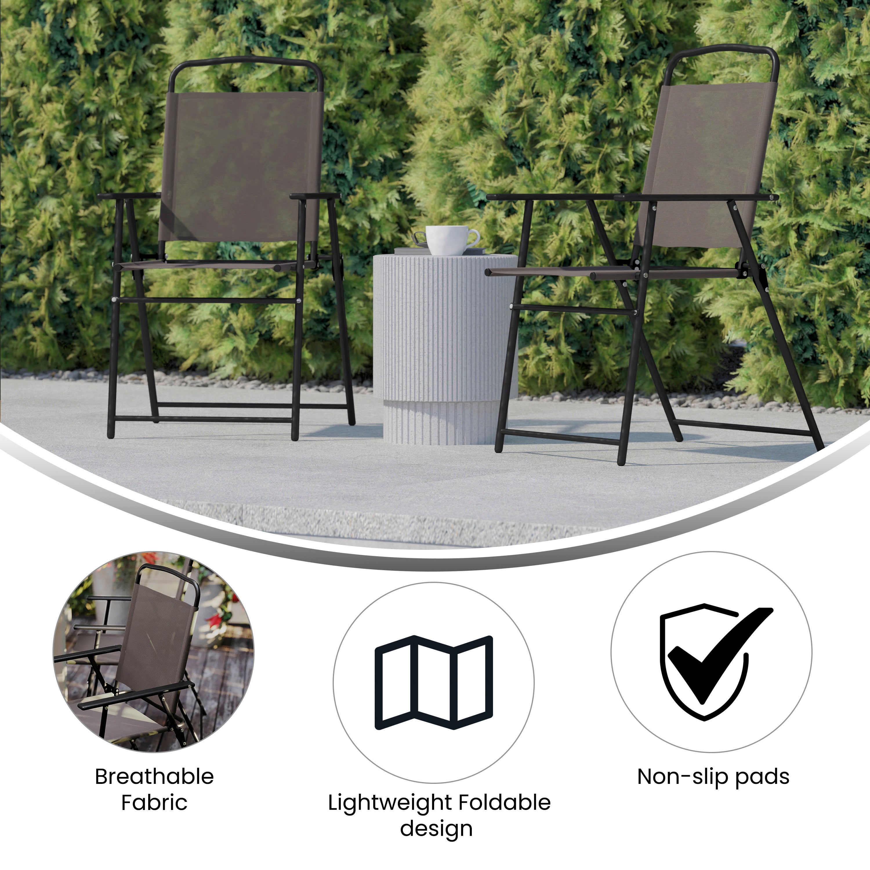 Set of 2 Mystic Folding Patio Sling Chairs, Outdoor Textilene Lawn Chairs with Armrests in Brown