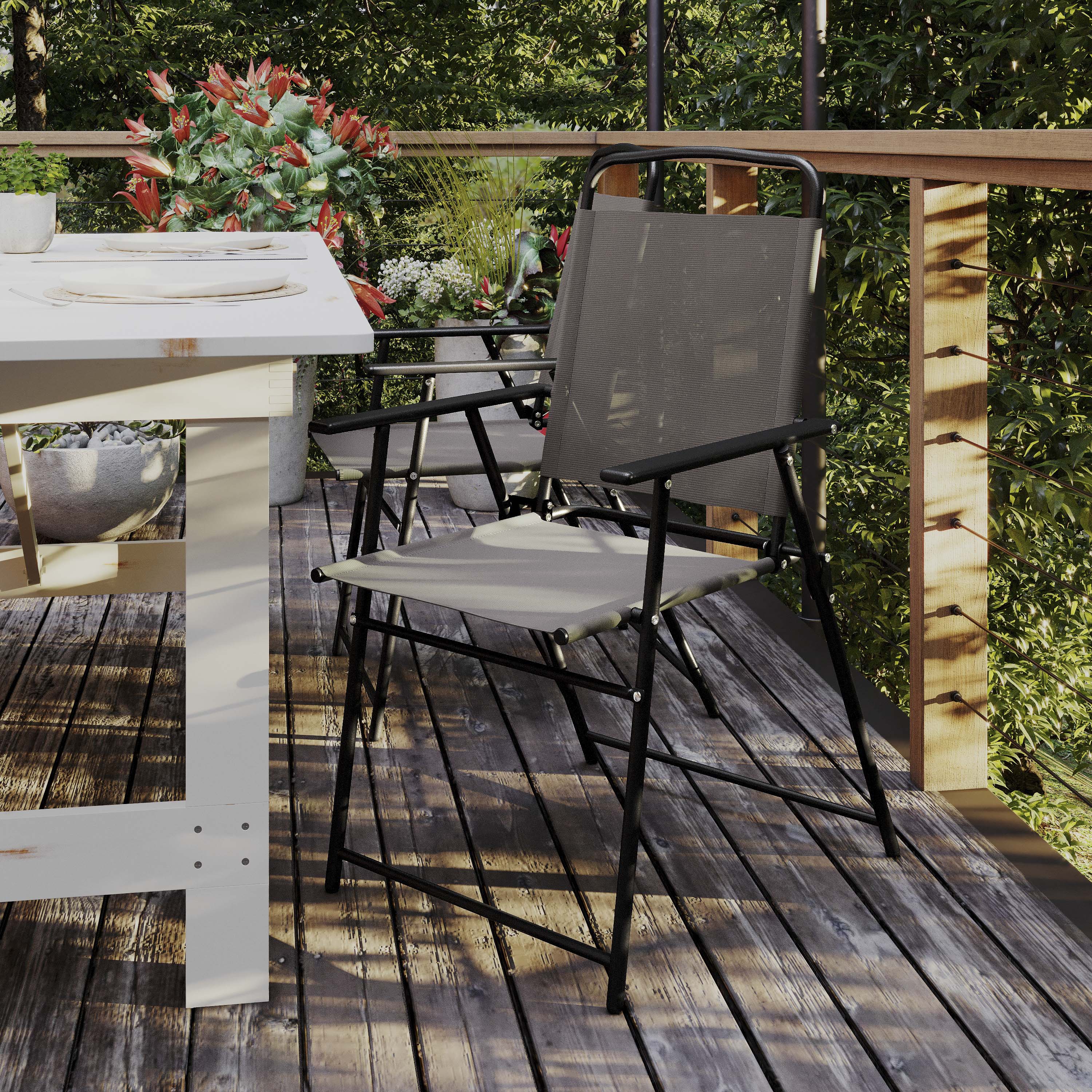 Set of 2 Mystic Folding Patio Sling Chairs, Outdoor Textilene Lawn Chairs with Armrests in Brown