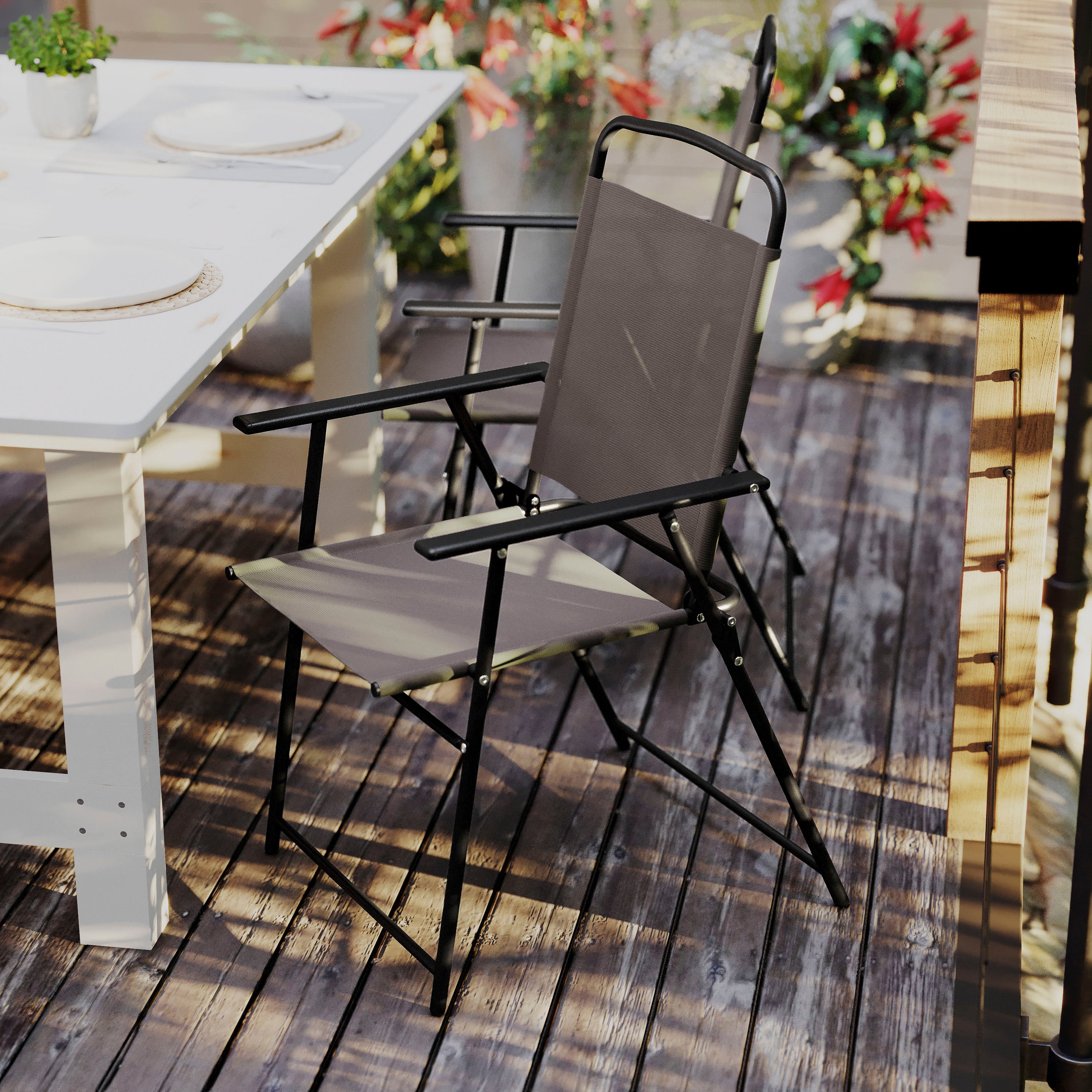 Set of 2 Mystic Folding Patio Sling Chairs, Outdoor Textilene Lawn Chairs with Armrests in Brown