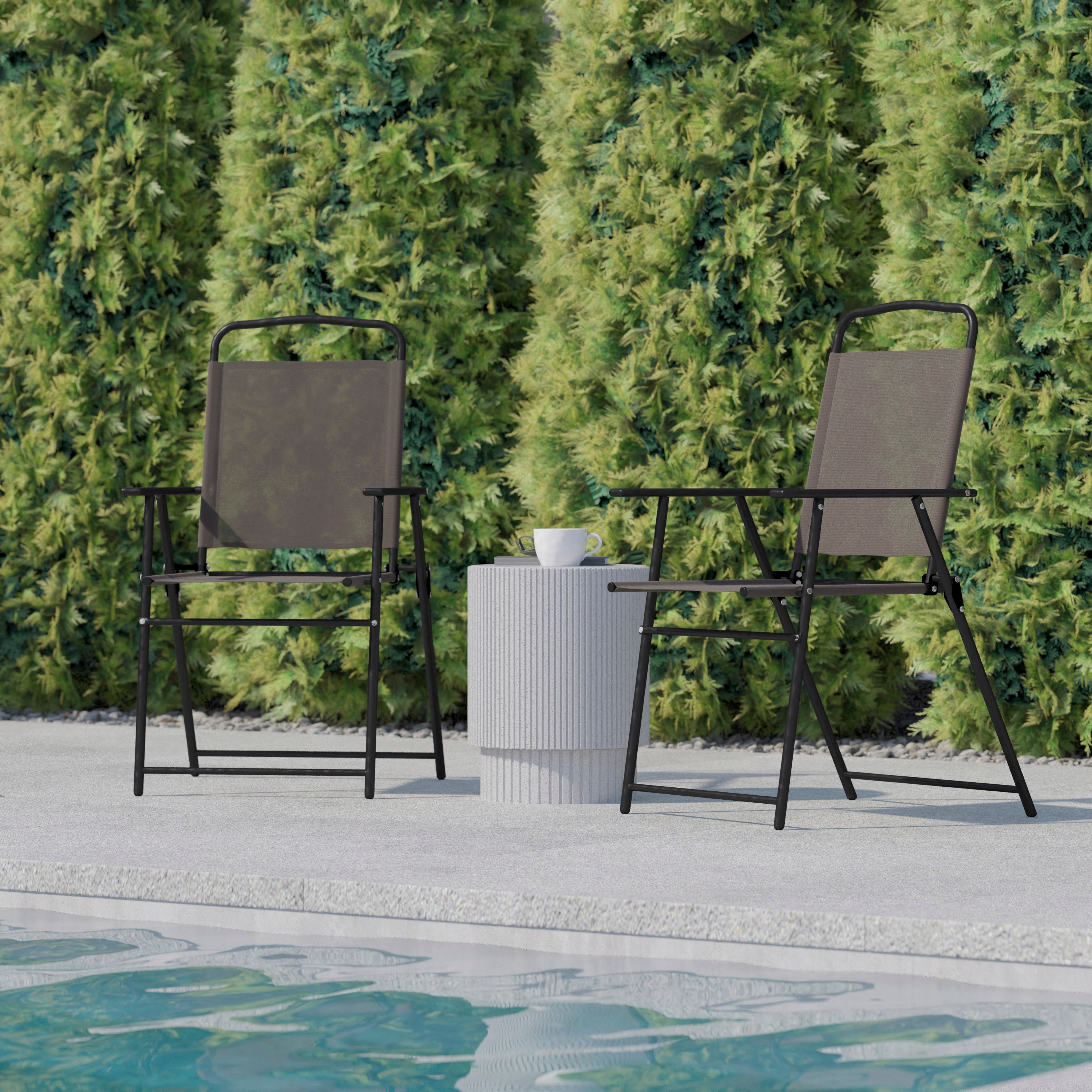 Set of 2 Mystic Folding Patio Sling Chairs, Outdoor Textilene Lawn Chairs with Armrests in Brown