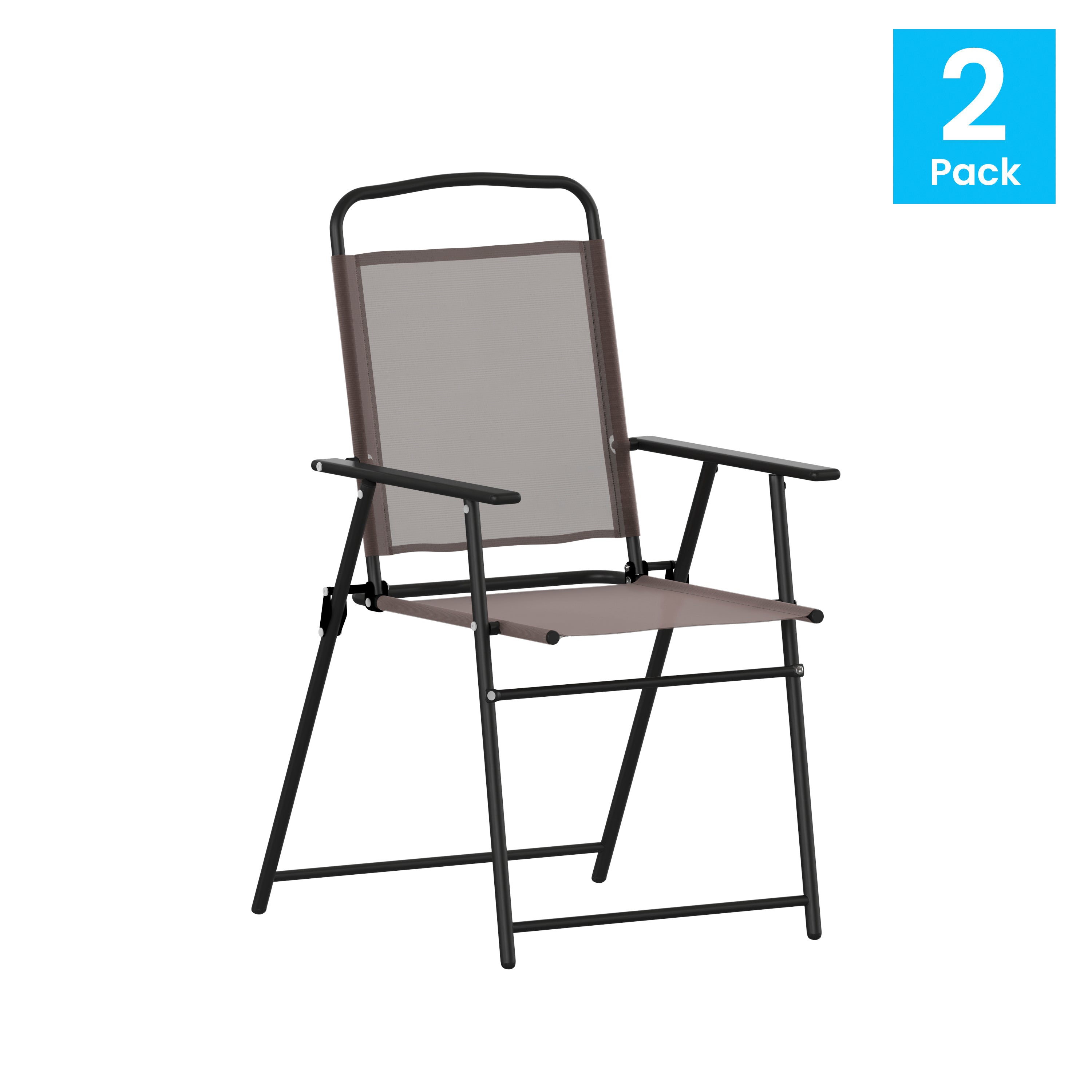 Set of 2 Mystic Folding Patio Sling Chairs, Outdoor Textilene Lawn Chairs with Armrests in Brown