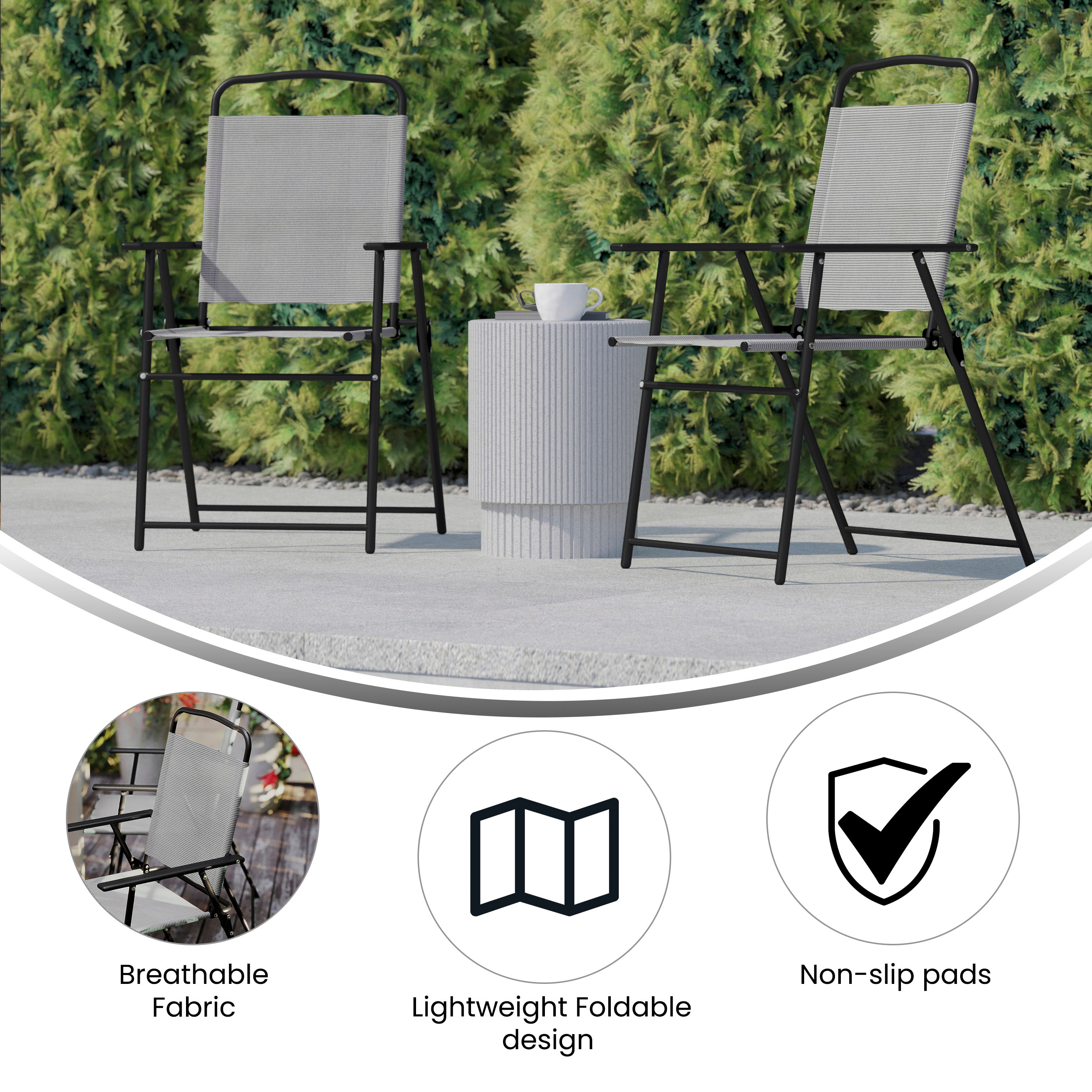 Set of 2 Mystic Folding Patio Sling Chairs, Outdoor Textilene Lawn Chairs with Armrests in Gray